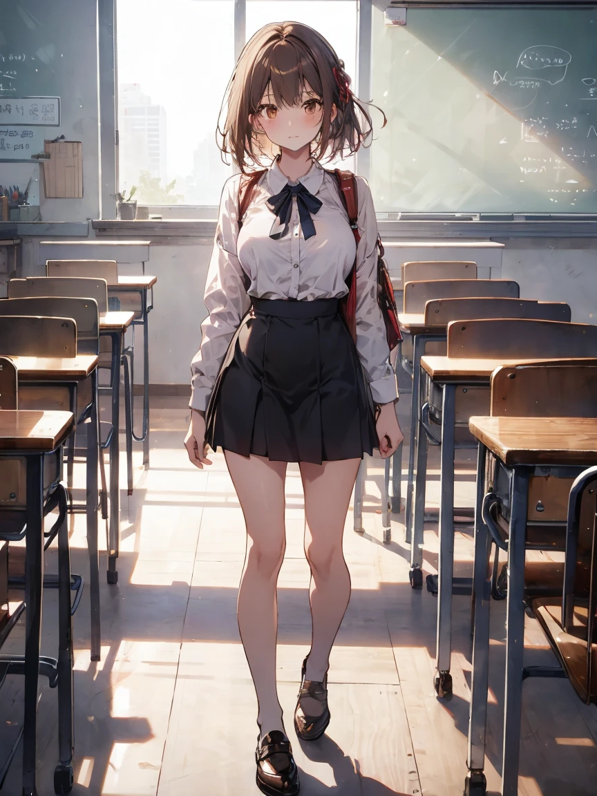 make, top quality, brown eyes, small breasts, looking at viewer, solo, closed mouth, collar shirt, , shirt, whitened shirt, , classroom full body miniskirt cool Appearance: Transparent bra