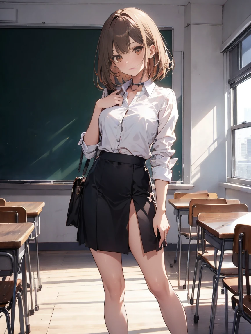make, top quality, brown eyes, small breasts, looking at viewer, solo, closed mouth, collar shirt, , shirt, whitened shirt, , classroom full body miniskirt cool Appearance: Transparent bra