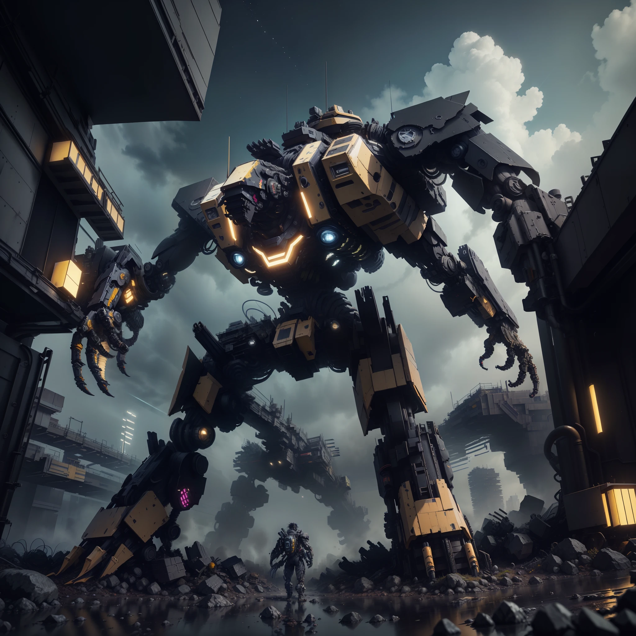 Construction site AI mech, HDRI, ultra realistic, UHD, many detail, retro 3 d graphics, trend on behance 3 d art, trend on behance 3d art, 3d illustration, 3 d illustrati,3d rendering, close-up, hyper front shot, style of Tsutomu Nihei, ghost in the shell, sci-fi, gaze, dystoia future society, gigantic complex structures background, gloomy environment, deep foggy, lighting effects from various directions, red and blue illuminations, complicated lines and rubber tubes with grunge, bolt, rivetings, dynamic lighting effects, Unreal engine 5, RTX 4090 shader, hyper detail texture with reflection,