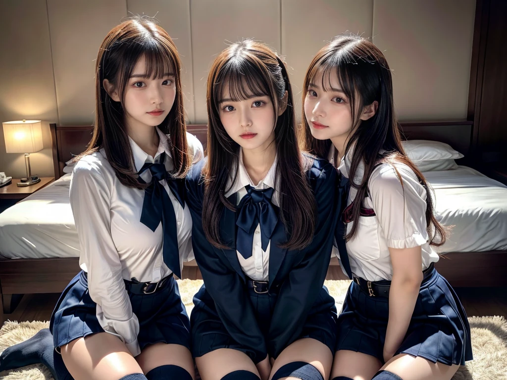 (8K, Raw photography, top-quality, masterpiece:1.2), master piece, best quality, illustration, Super detailed, fine details, High resolution, 8K,wall paper, perfect dynamic composition,(Details High quality, realistic depiction of eyes:1.3), ((2 girls, 2 schoolgirls)), The background is a luxury hotel room、High school girl uniform、blazer 、Super Short Check Uniform Skirt、Navy blue high socks、garterbelts、Colossal tits、Disturbed uniform, Play with each other,Touching each other's bodies,Touching the body of the girl next door, short bob hair, black hair color, huge breasts, Big Natural Color Lip, bold sexy pose, (perfect body shape), crying a little、cold gaze, Beautiful makeup,glitter makeup,Cutest 18 years old, beautiful legs, hposing Gravure Idol, Voluptuous thighs