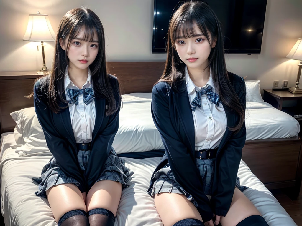(8K, Raw photography, top-quality, masterpiece:1.2), master piece, best quality, illustration, Super detailed, fine details, High resolution, 8K,wall paper, perfect dynamic composition,(Details High quality, realistic depiction of eyes:1.3), ((2 girls, 2 schoolgirls)), The background is a luxury hotel room、High school girl uniform、blazer 、Super Short Check Uniform Skirt、Navy blue high socks、garterbelts、Colossal tits、Disturbed uniform, Play with each other,Touching each other's bodies,Touching the body of the girl next door, short bob hair, black hair color, huge breasts, Big Natural Color Lip, bold sexy pose, (perfect body shape), crying a little、cold gaze, Beautiful makeup,glitter makeup,Cutest 18 years old, beautiful legs, hposing Gravure Idol, Voluptuous thighs