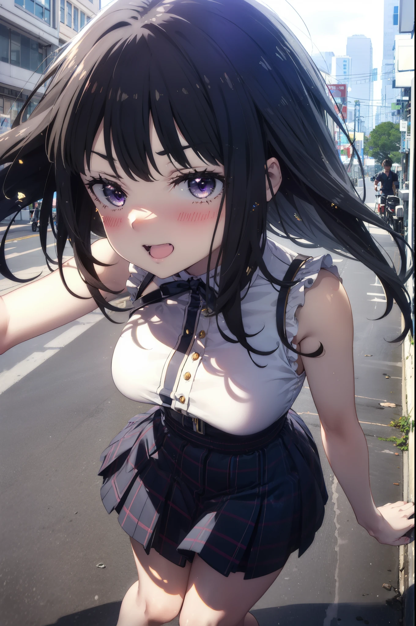 Takiuchi, Check it out, Long Hair, bangs, Black Hair, (Purple eyes:1.2),happy smile, smile, Open your mouth,Sleeveless blue dress,Exposing shoulders,bare clavicle,Bare neck,Bare arms,Blue long skirt,Cute heeled sandals,Real Summer,Daytime,sunny,My hair is blowing in the wind,whole bodyがイラストに入るように,Looking down from above,
break outdoors, city,海岸通り
break looking at viewer, whole body,
break (masterpiece:1.2), highest quality, High resolution, unity 8k wallpaper, (shape:0.8), (Beautiful details:1.6), Highly detailed face, Perfect lighting, Extremely detailed CG, (Perfect hands, Perfect Anatomy),