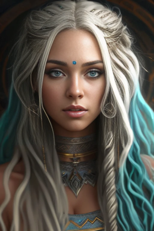 Una mujer con cabello largo y ojos azules con un tocado, Detailed Matte Fantasy Portrait, fantasy concept art portrait, beautiful fantasy art portrait, Fantasy Art Portrait, fantasy portrait art, epic fantasy art portrait, trending digital fantasy art, 4K fantasy art, hyperrealistic fantasy art, realistic fantasy artwork, Un impresionante retrato de una diosa, Hermosa obra de arte digital, Fantasy art style