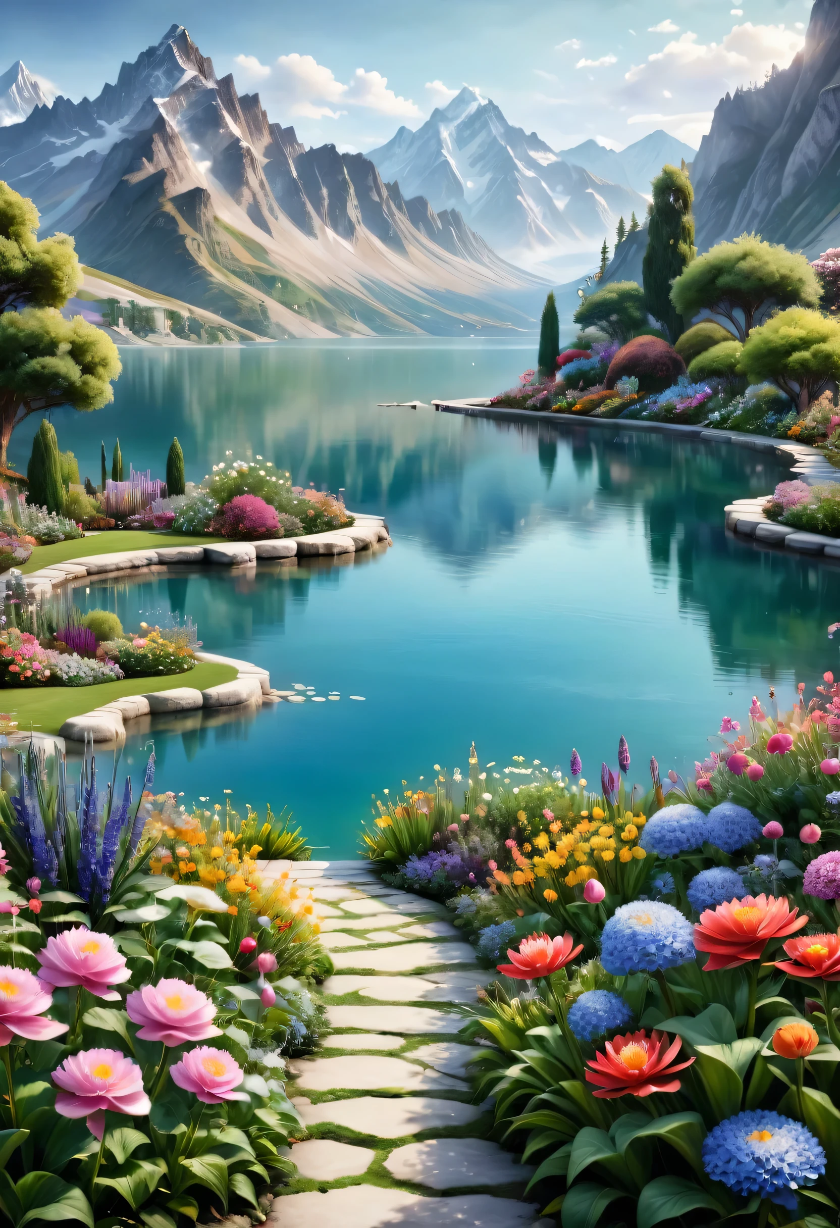 Beautiful Garden, realism, lake, Mountains, Flowers.romantic,32k