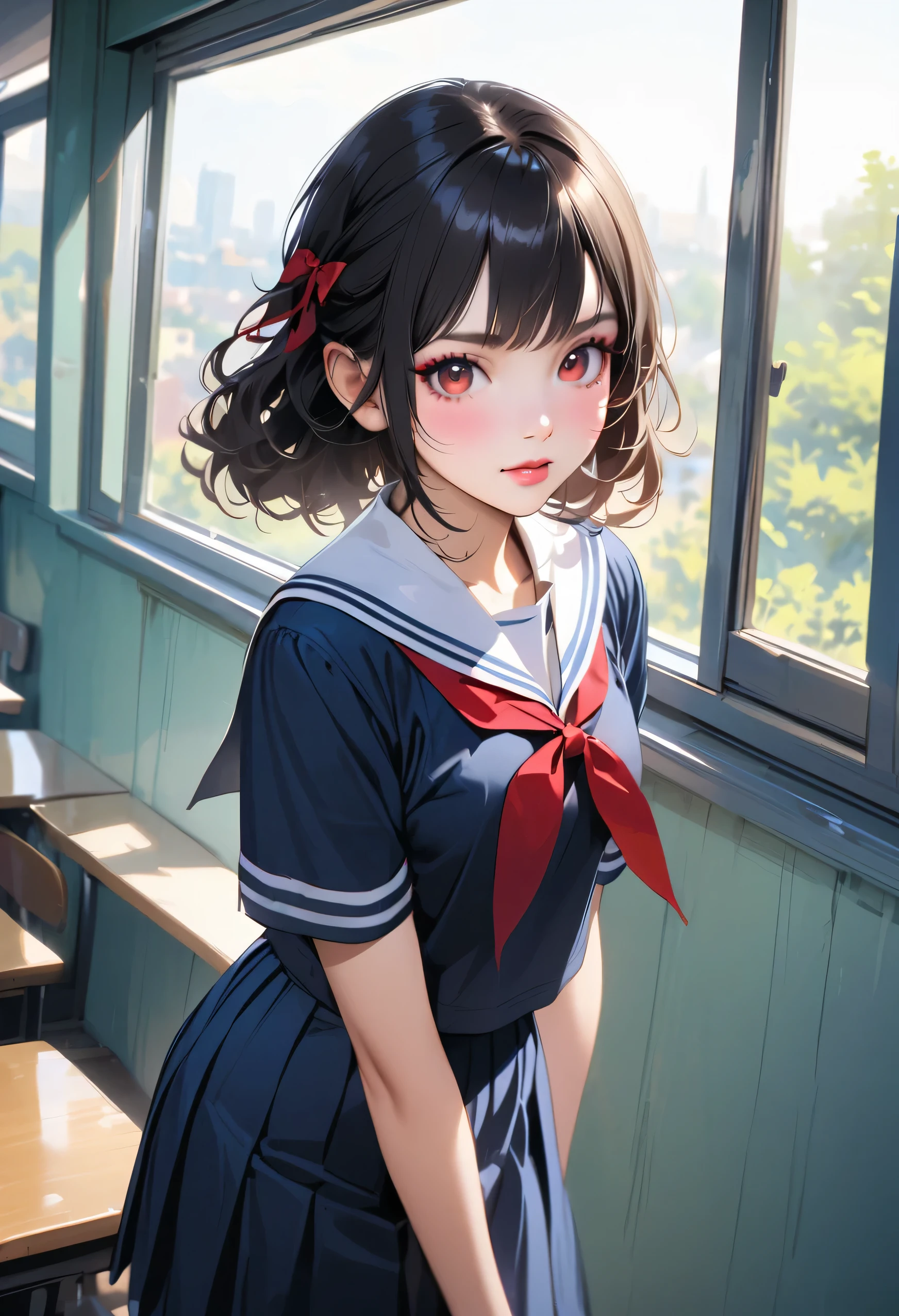 highest quality、High resolution、Detailed Background、Beautiful face in every detail、age beauty、Detailed red eyes、Realistic、Perfect body line、Black Hair、Wavy Hairstyle、well-groomed eyebrows、Cute Eye Makeup、Cute Lip Makeup、Calm atmosphere、A short-sleeved shiny dark sailor suit、White sailor collar、Navy blue pleated skirt、Red ribbon、White Stockings、Standing by the window in the classroom、Looking at me with a blush、Cute gestures、very beautiful