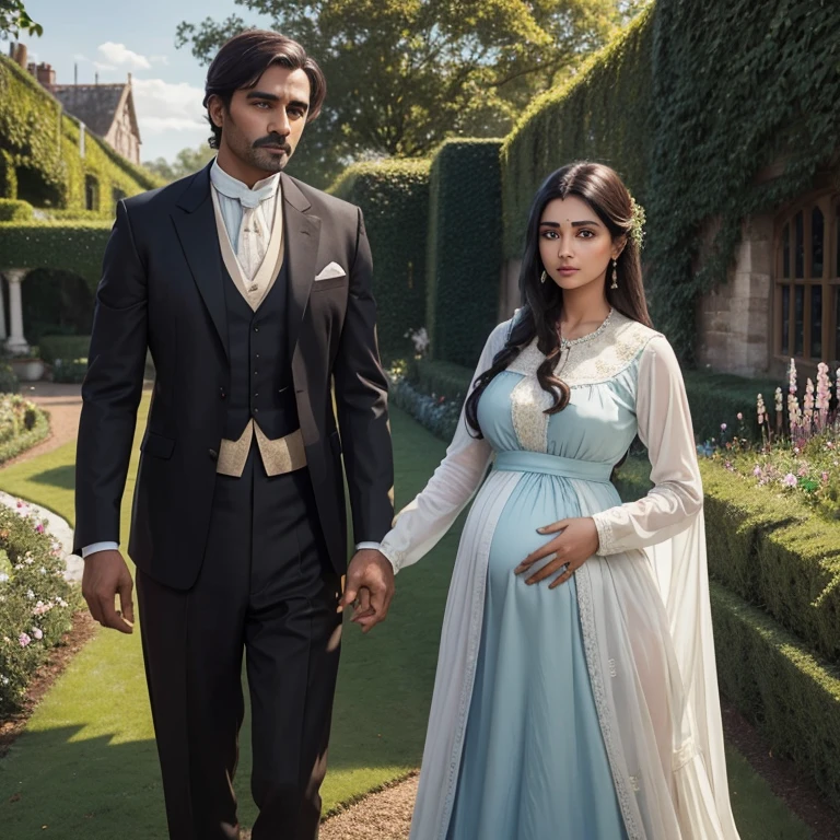 A pretty young pregnant Indian girl with green eyes, long black hair wearing a long historic Edwardian light blue dress with long sleeves and a white blouse with her belly covered standing next to her white English adult husband with light skin and brown hair wearing a historical brown suit in the garden of an English Manor