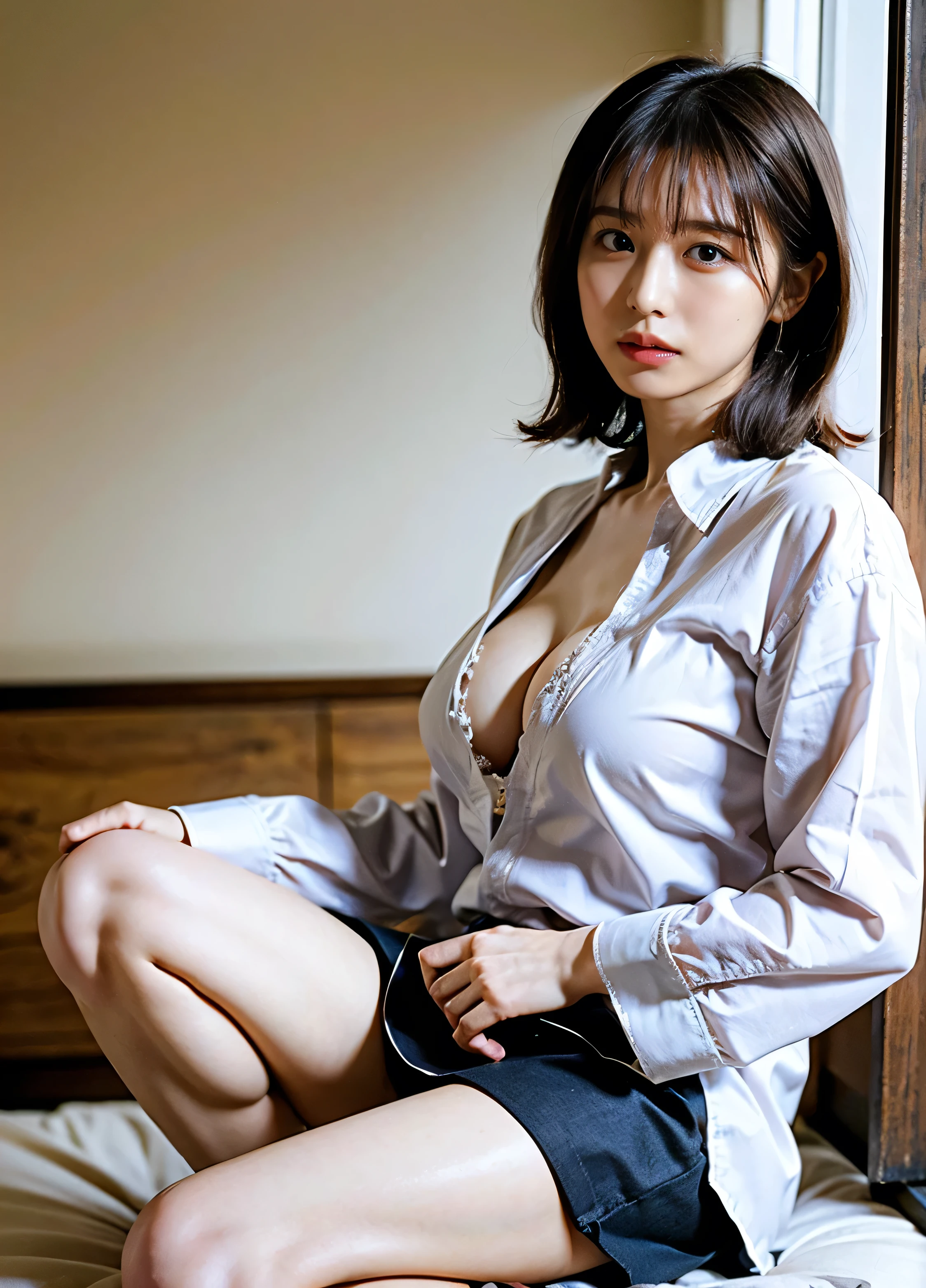 Torn pantyhose are scattered around、、His shirt is open、Panties stuck in vagina、((bedroom、Sit on the bed、Place your hands on your legs、Late Night、indirect lighting、Sheer white bra and panties、Ample breasts、looking at the camera:1.2))
、Fluffy perm hair、with rufflessleeveless、Braid only the front hair、Light brown hair、Teeth grinding、｛｛Cowgirl Shot｝｝、（（Close-up shot from the waist up、Big Breasts:1.4））、Breast swelling、Big Breasts、Smile、Silk clothing、Big Breasts that can be seen even through clothes、Braid only the front hair、Cowboy Shot、A luxurious white collared silk shirt and luxurious white panties、、wear elegantly、Sex in a luxury love hotel、A lovely smile、（（A room in a love hotel in Nagoya））、Full body photo、ring、High-end clothing、Short skirt、Tuck your hair behind one ear、Silver Necklace、smile、 Elegant ponytail、Caustics、Highly detailed photos、Very beautiful medium short hair、Big Breasts、Super no makeup、(8k、RAW Photos、highest quality、masterpiece:1.2)、(Realistic、Realistic)、1 girl、((Medium Short Hair、Looking into the camera:1.4))、
