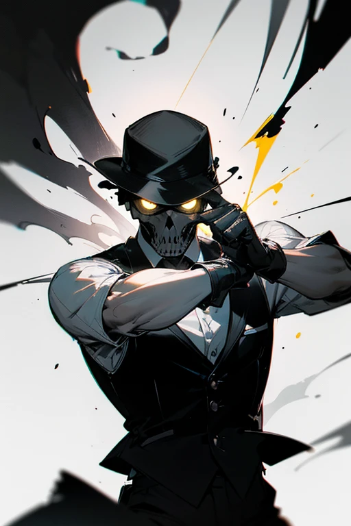 {masterpiece, distinct_image, extremely detailed CG, beautiful eyes and detailed face, 4k, 8k, high_resolution, perfect_finger, action manga, monochrome, sketch, ink splashing, {hand_focus, upper_body, 1man, fighting stance}, {black_skull_face, yellow_eye_light, glowing, white_shirt, black_leather_vest, black_suit_pants, black_gloves}}