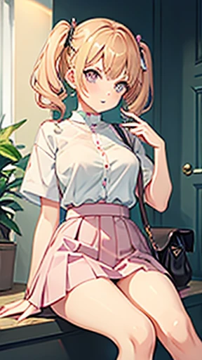 Short blond hair with pigtails, cute girl with soft pink eyes, wears soft pink knitted jacket with button, white button t shirt beneath, short pink skirt, fluffy long white socks, big breast
