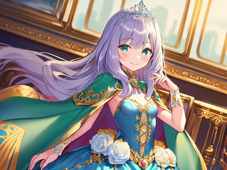 (kawaii),(best quality),(ultra detailed), upper body,(rococo style),(long train mint blue cape:1.05), very long cape,(long train mint blue ball gown with flower decorations:1.05), a girl is wearing a cape over her gown, 1 princess, tiara, smile, small breasts, very long hair