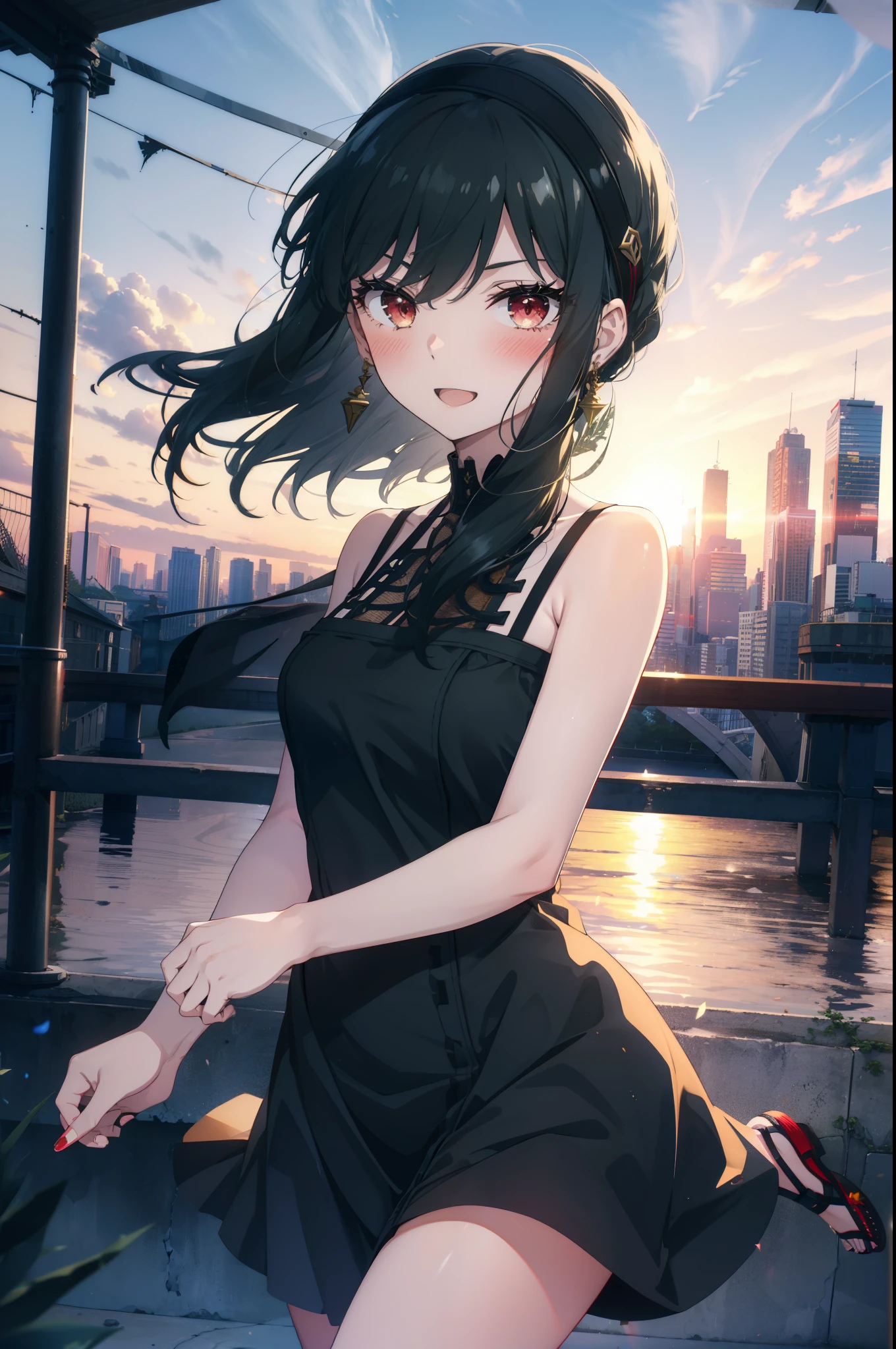 Your thorns, One girl, blush, Black Hair,Red eyes, hair band, jewelry, Earrings, happy smile, smile, Open your mouth, Black sleeveless dress,Bare arms,Long skirt,Cute Sandals,whole bodyがイラストに入るように,Daytime,sunny,
break looking at viewer,whole body,
break outdoors, city,construction area,bridge、
break (masterpiece:1.2), highest quality, High resolution, unity 8k wallpaper, (shape:0.8), (Beautiful details:1.6), Highly detailed face, Perfect lighting, Extremely detailed CG, (Perfect hands, Perfect Anatomy),