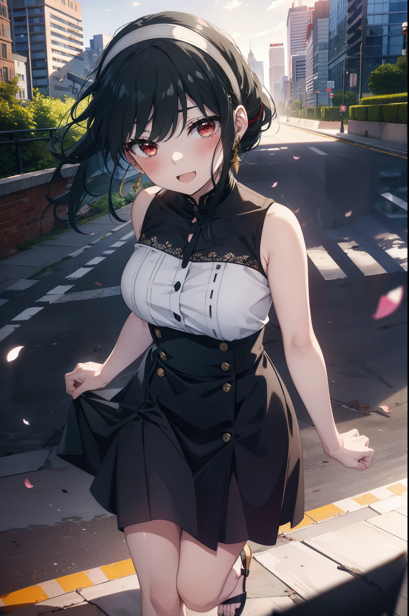 Your thorns, One girl, blush, Black Hair,Red eyes, hair band, jewelry, Earrings, happy smile, smile, Open your mouth, Black sleeveless dress,Bare arms,Long skirt,Cute Sandals,whole bodyがイラストに入るように,Daytime,sunny,
break looking at viewer,whole body,
break outdoors, city,construction area,bridge、
break (masterpiece:1.2), highest quality, High resolution, unity 8k wallpaper, (shape:0.8), (Beautiful details:1.6), Highly detailed face, Perfect lighting, Extremely detailed CG, (Perfect hands, Perfect Anatomy),