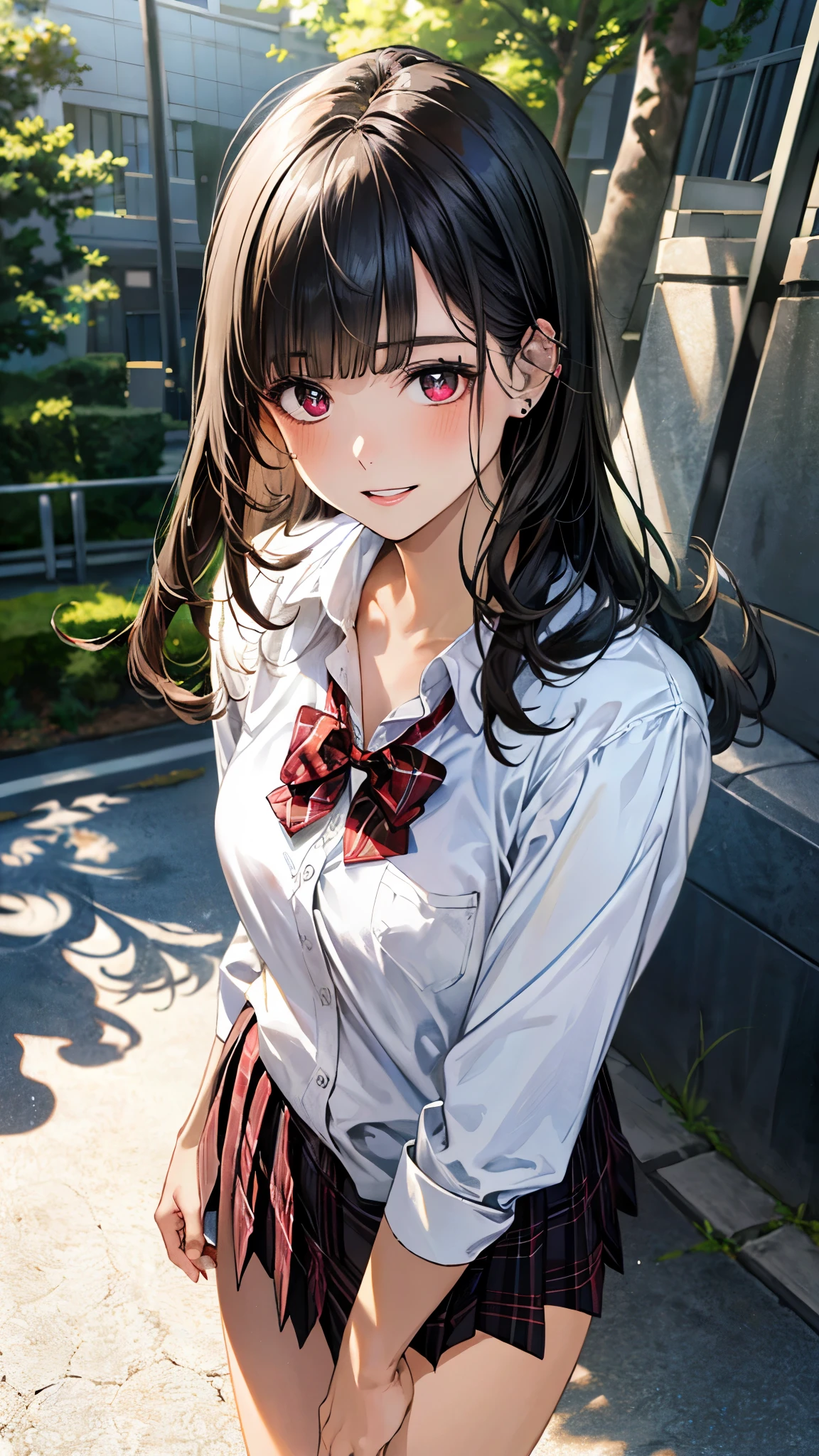 (masterpiece:1.2, top-quality), ultra high res, ultra detailed, (realistic, photorealistic:1.4), beautiful illustration, perfect lighting, natural lighting, depth of fields, ,
looking at viewer, full body, 1 girl, japanese, high school girl, perfect face, (perfect anatomy, anatomically correct, super detailed skin), cute and symmetrical face, babyface, shiny skin,
(long hair, curvy hair, black hair), blunt bangs, brown eyes, long eye lasher, (medium breasts, thin thighs), slender,
beautiful detailed hair, beautiful face, beautiful detailed eyes, beautiful clavicle, beautiful body, beautiful chest, beautiful thigh, beautiful legs, beautiful fingers, (five fingers)
(detailed cloth texture, long sleeve white collared shirt, over plaid red pleated skirt break red bowtie),
(beautiful scenery), summer, evening, (behind the school building), (lovely smile, parted lips),
