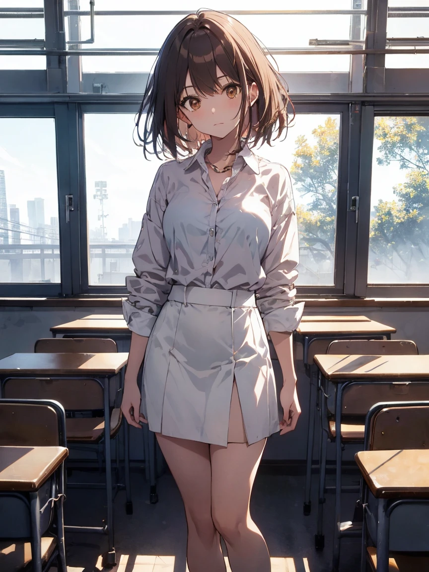 make, top quality, brown eyes, small breasts, looking at viewer, solo, closed mouth, collar shirt, shirt, whitened shirt, classroom full body miniskirt cool Appearance: Trans, cowboy shot, UHD, masterpiece, best quality