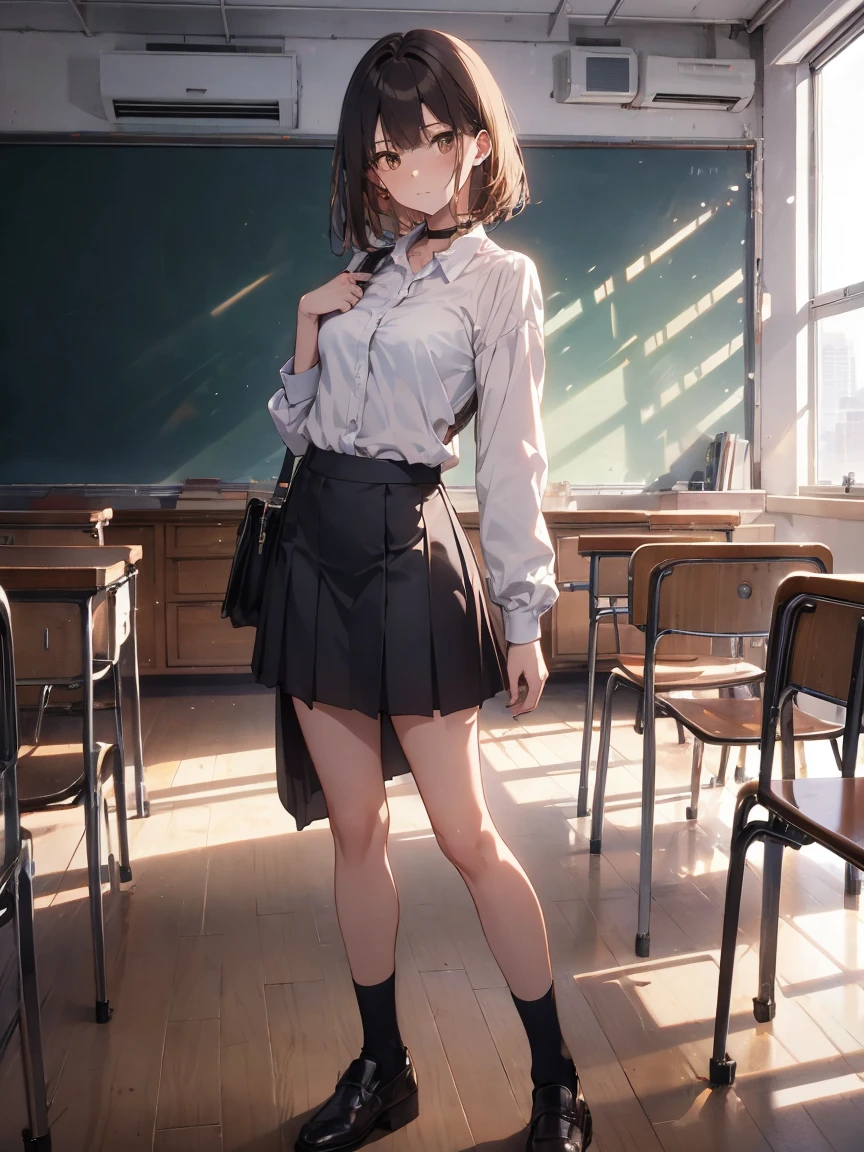 make, top quality, brown eyes, small breasts, looking at viewer, solo, closed mouth, collar shirt, shirt, whitened shirt, classroom full body miniskirt cool Appearance: Trans, cowboy shot, UHD, masterpiece, best quality