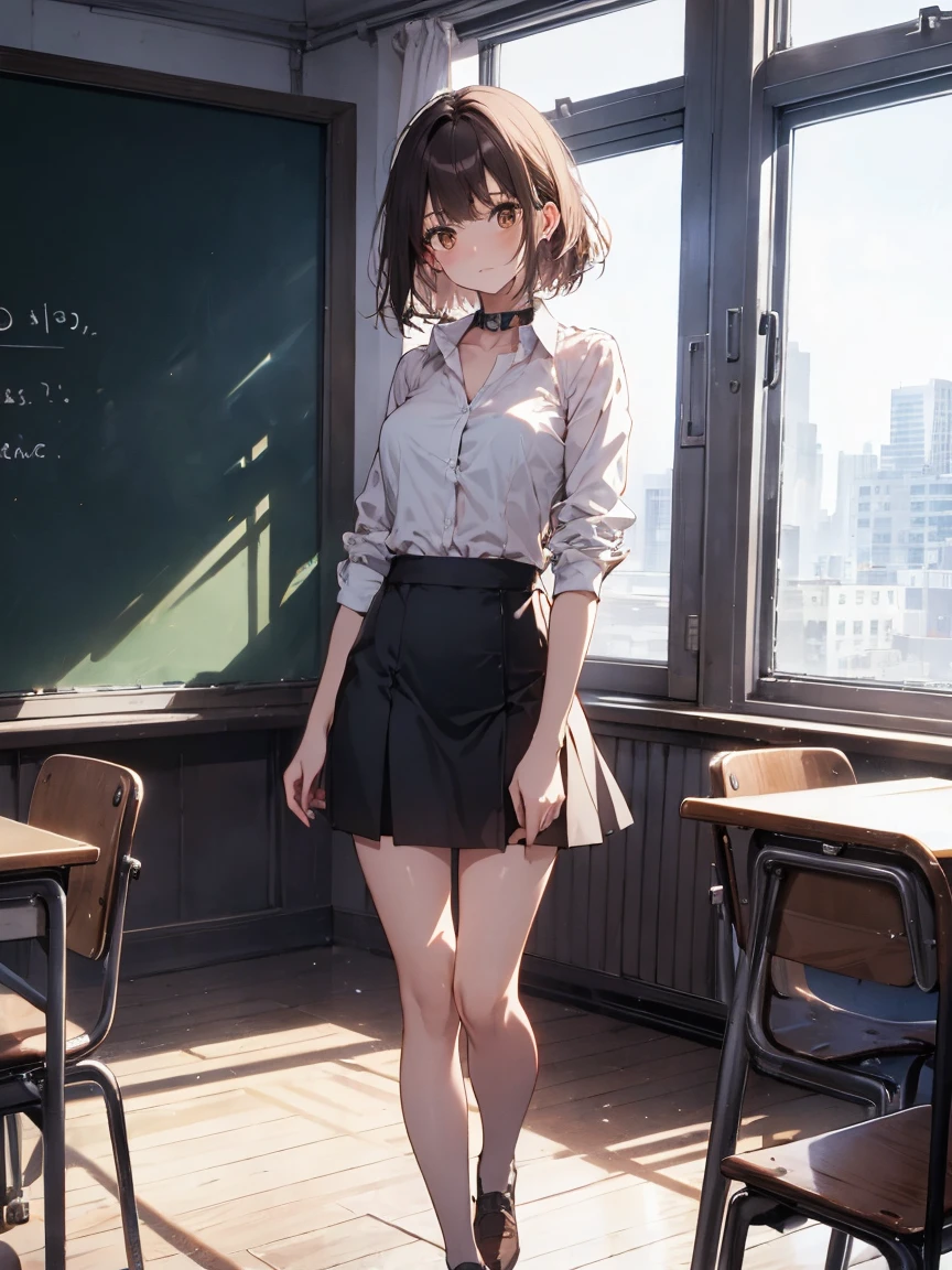 1girl,pink shirts,neck ribbon loose socks,Mary Jane shoes,miniskirt,classroom,10yo,flat chest,smile,(((gyaru))),ponytail