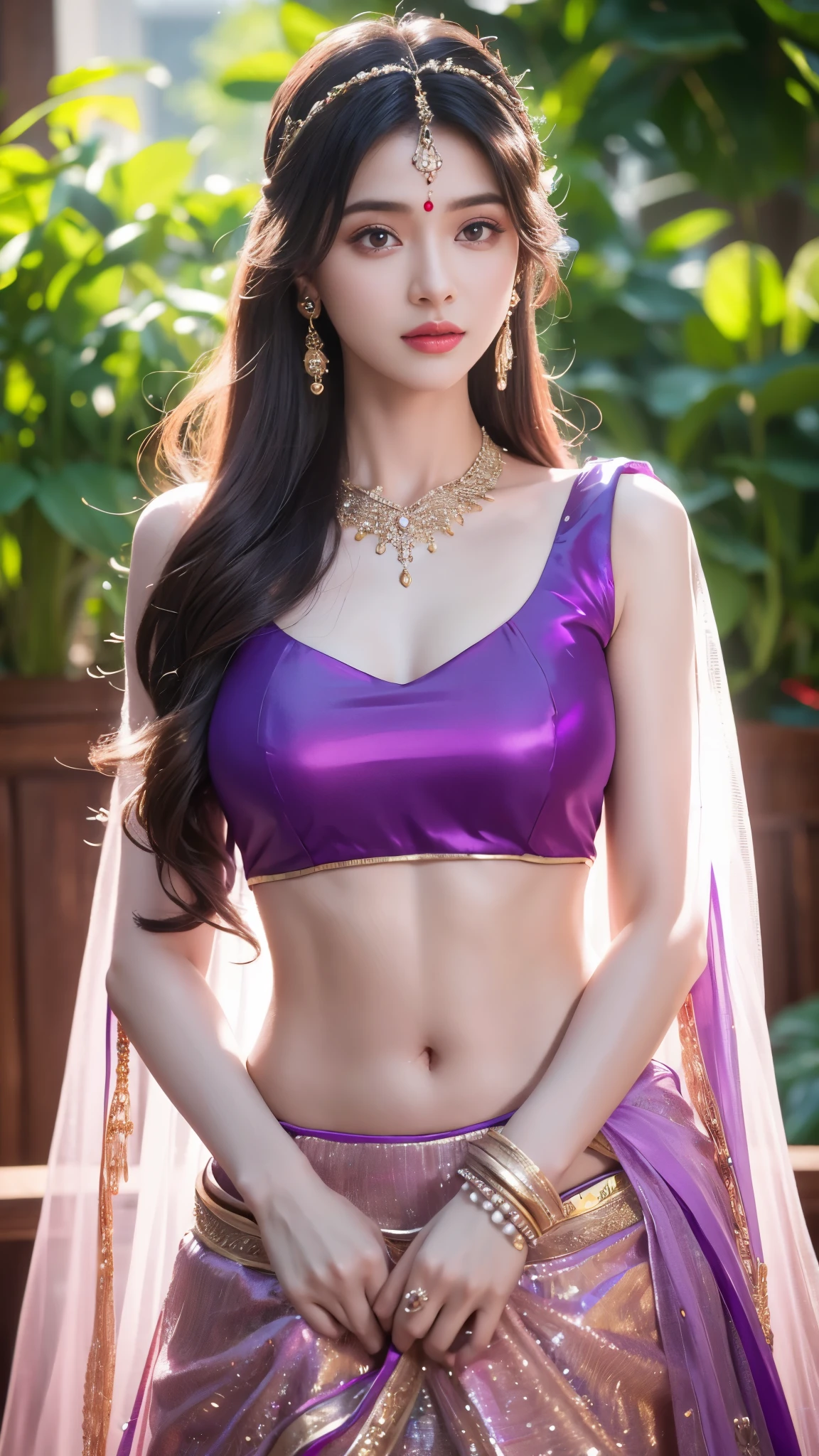 4K, UHD, masterpeice, 1 girl, good face, detailed eyes, detailed lips, very long hair, straight hair, very long hair, beautiful hair, hair ornaments, hairband, gradient hair, ((purple lehenga)), ((bridal lehenga)), ((decorated blouse)), sardine, ((decorated lehenga)), ornaments, necklace, earring, high lighting, ((bare stomach)), wedding stage, fujicolor, depth of field, ray tracing, ultra realistic detail, 