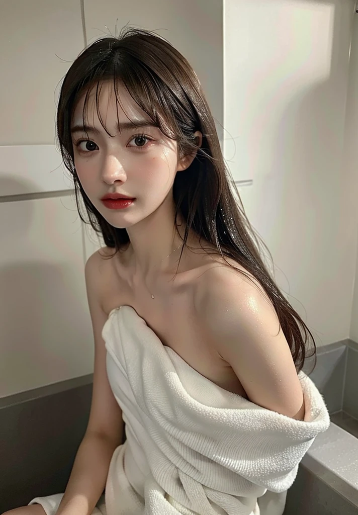 Highest image quality, Outstanding details, Ultra-high resolution, (Realism: 1.4), ((Close up:1.3, view the viewer)), The best illustration, favor details, highly condensed 1girl,A delicate and beautiful face,(The posture of wrapping in a thin towel after showering,The hair is completely wet and dripping:1.4,Woman bathed drenched and naked:1.4),