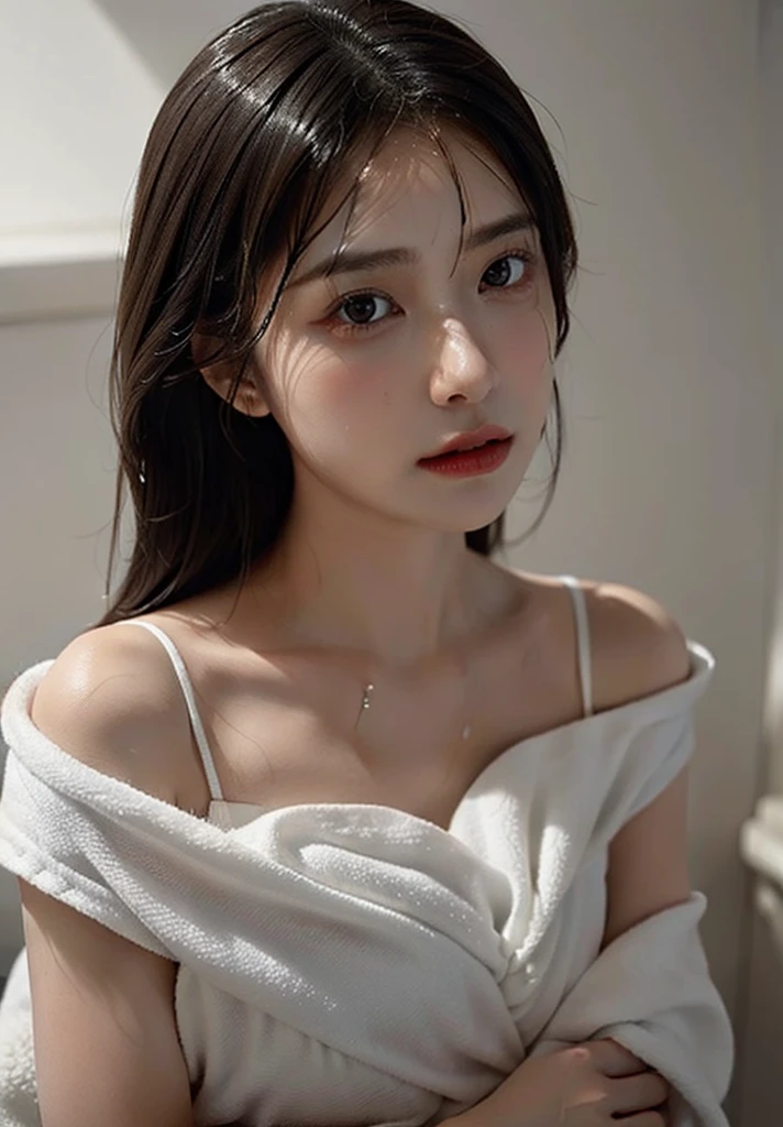 Highest image quality, Outstanding details, Ultra-high resolution, (Realism: 1.4), ((Close up:1.3, view the viewer)), The best illustration, favor details, highly condensed 1girl,A delicate and beautiful face,(The posture of wrapping in a thin towel after showering,The hair is completely wet and dripping:1.4,Woman bathed drenched and naked:1.4),