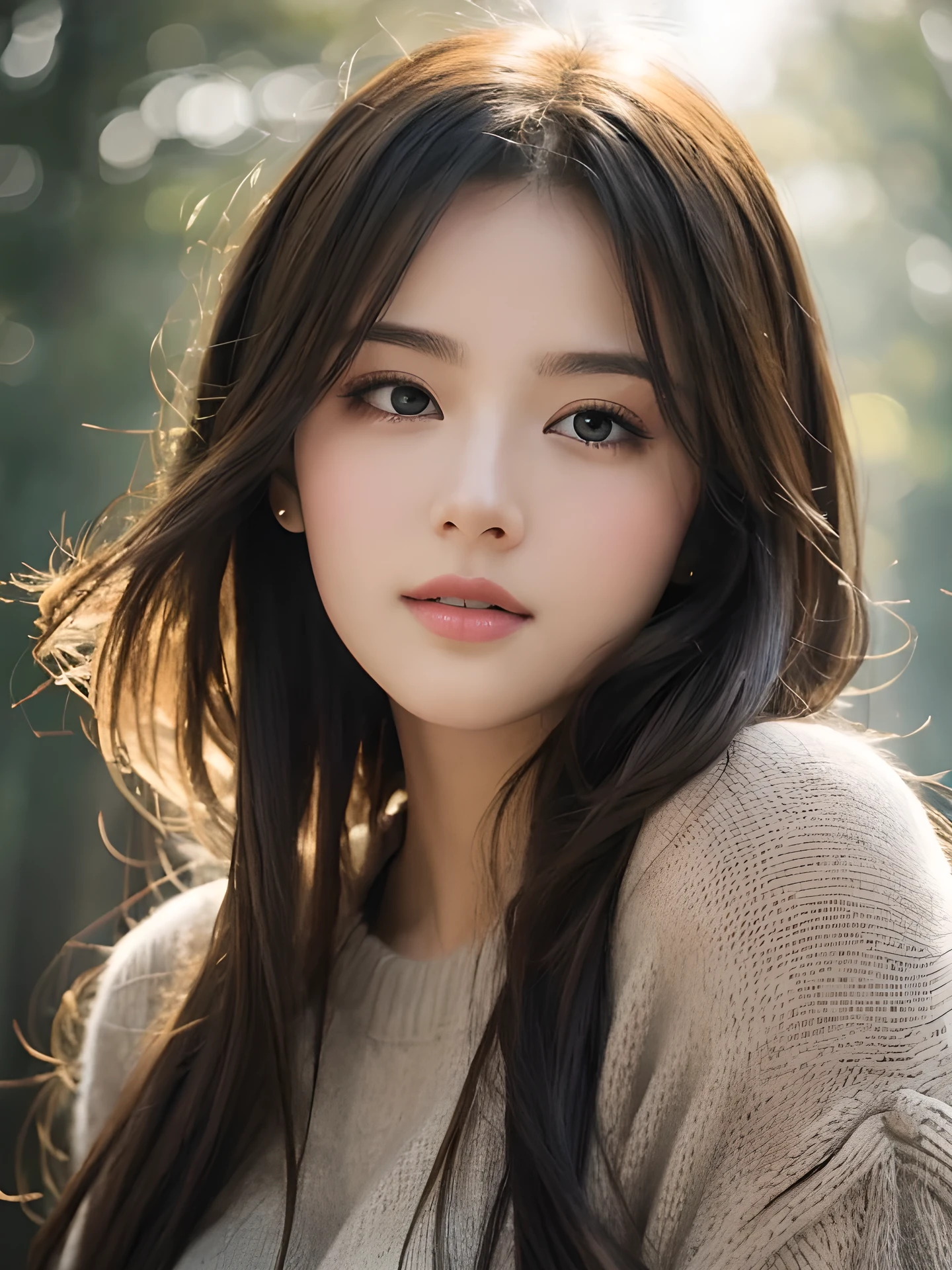 masterpiece, highest quality, High resolution, wallpaper, realistic, (bright lighting:1.4), professional lighting, face light, smooth lighting, (shoot from front:1.8), 1 girl, closeup-face, cute, sleepy, open mouth to say something, shy, Beautiful girl, sexy, super beautiful, beautiful skin, beautiful and detailed eyes、detailed face、slim、moderately, half updo, brunette colored hair, brown eyes, Professional Photography, Bokeh, Portrait, The morning sunlight shines through the misty forest path. sweater,