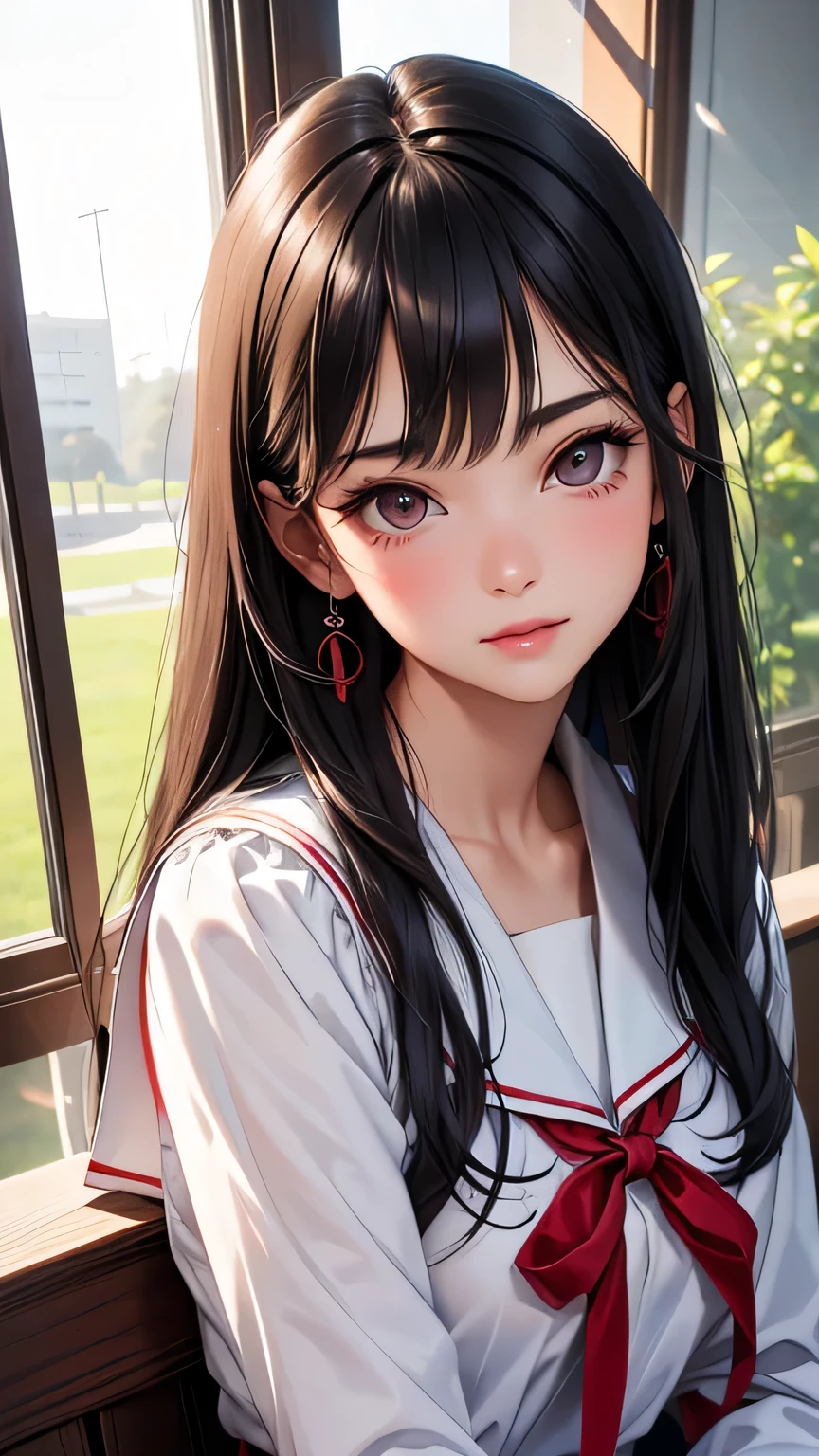 highest quality、High resolution、Detailed Background、(Beautiful face in every detail:1.4)、Anatomically correct、(Detailed facial expressions)、(Detailed eyes:1.2)、(Detailed eyes:1.2)、Teenage beauty、(Highly detailed face:1.4)、Red Eyes、Long black hair、well-groomed eyebrows、Cute Lip Makeup、Calm atmosphere、A short-sleeved shiny dark sailor suit、White sailor collar、Navy blue pleated skirt、Red ribbon、White Stockings、Standing by the window in the classroom、Looking at me with a happy expression、Cute gestures、very beautiful