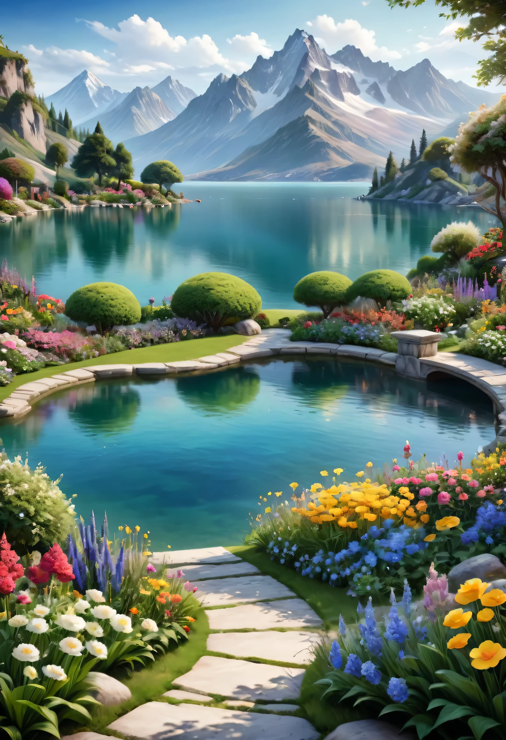 Beautiful Garden, realism, lake, Mountains, Flowers.romantic,32k