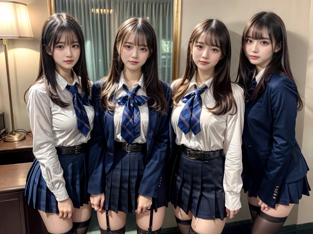 (8K, Raw photography, top-quality, masterpiece:1.2), master piece, best quality, illustration, Super detailed, fine details, High resolution, 8K,wall paper, perfect dynamic composition,(Details High quality, realistic depiction of eyes:1.3), ((2 girls, 2 schoolgirls)), The background is a luxury hotel room、High school girl uniform、blazer 、Super Short Check Uniform Skirt、Navy blue high socks、garterbelts、Colossal tits、Disturbed uniform, Play with each other,Touching each other's bodies,Touching the body of the girl next door, short bob hair, black hair color, huge breasts, Big Natural Color Lip, bold sexy pose, (perfect body shape), crying a little、cold gaze, Beautiful makeup,glitter makeup,Cutest 18 years old, beautiful legs, hposing Gravure Idol, Voluptuous thighs