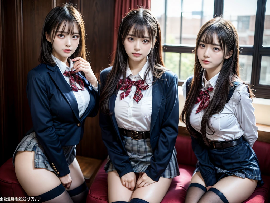 (8K, Raw photography, top-quality, masterpiece:1.2), master piece, best quality, illustration, Super detailed, fine details, High resolution, 8K,wall paper, perfect dynamic composition,(Details High quality, realistic depiction of eyes:1.3), ((2 girls, 2 girls)), The background is a luxury hotel room、High school girl uniform、blazer 、Super Short Check Uniform Skirt、Navy blue high socks、garterbelts、Colossal tits、Disturbed uniform, Play with each other,Touching each other's bodies,Touching the body of the girl next door, short bob hair, black hair color, huge breasts, Big Natural Color Lip, bold sexy pose, (perfect body shape), crying a little、cold gaze, Beautiful makeup,glitter makeup,Cutest 18 years old, beautiful legs, hposing Gravure Idol, Voluptuous thighs