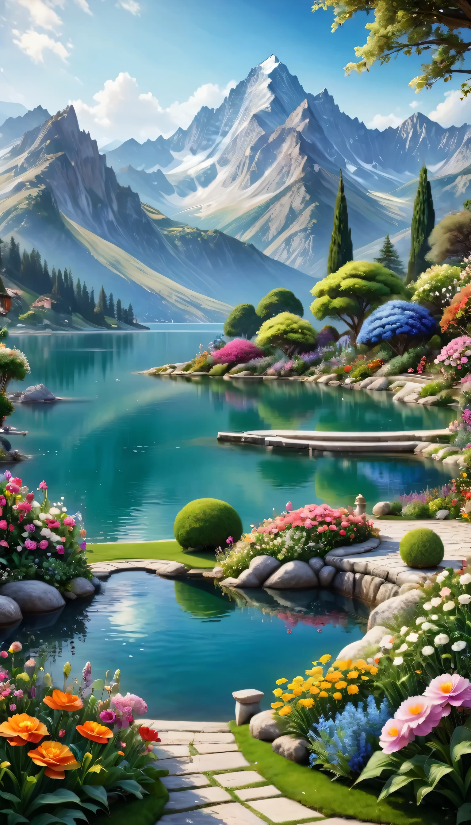 Beautiful Garden, realism, lake, Mountains, Flowers,romantic,Amazing beauty,32k