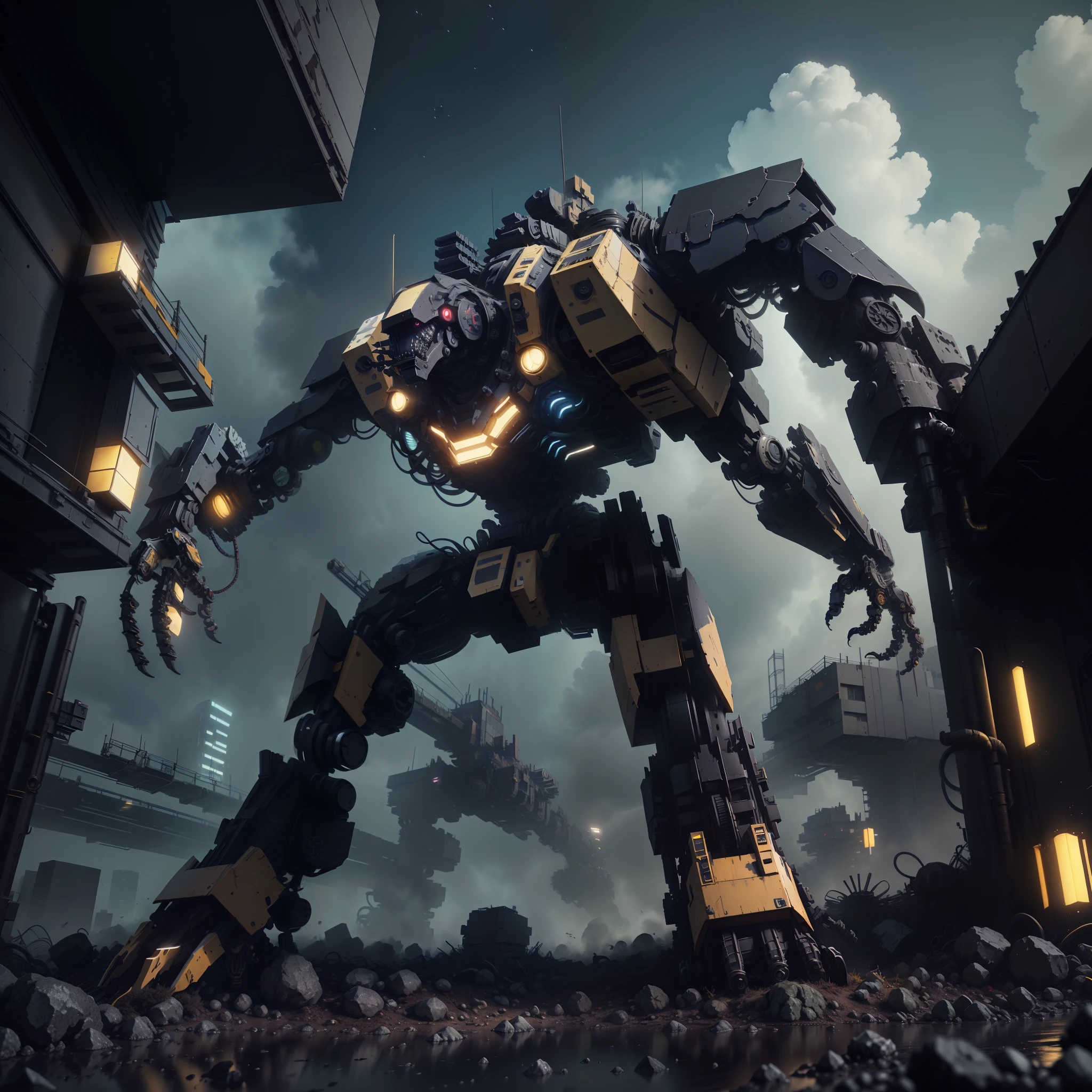 Construction site AI mech, HDRI, ultra realistic, UHD, many detail, retro 3 d graphics, trend on behance 3 d art, trend on behance 3d art, 3d illustration, 3 d illustrati,3d rendering, close-up, hyper front shot, style of Tsutomu Nihei, ghost in the shell, sci-fi, gaze, dystoia future society, gigantic complex structures background, gloomy environment, deep foggy, lighting effects from various directions, red and blue illuminations, complicated lines and rubber tubes with grunge, bolt, rivetings, dynamic lighting effects, Unreal engine 5, RTX 4090 shader, hyper detail texture with reflection,