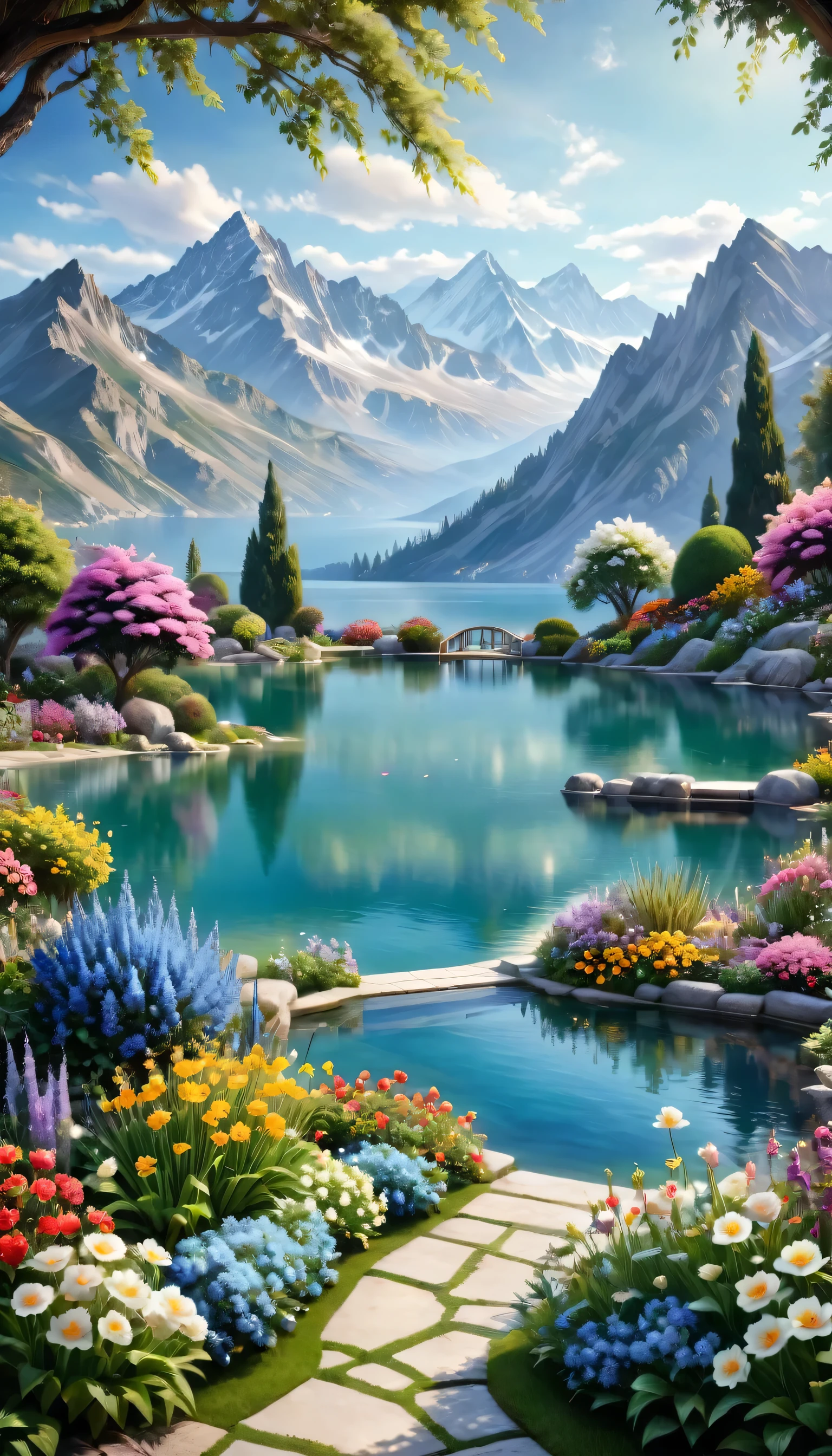 Beautiful Garden, realism, lake, Mountains, Flowers,romantic,Amazing beauty,32k