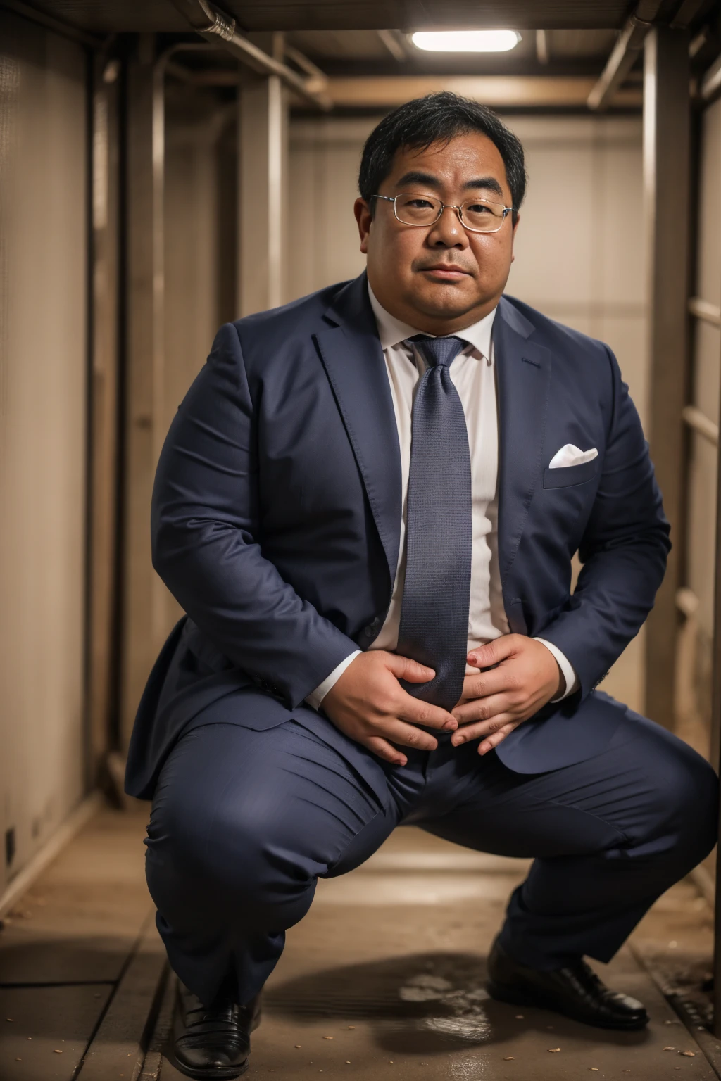 A little chubby Japanese male is 30 years old, A man in a business grey suit is squatting down next to boy, He opens his mouth, The crotch area of his grey trousers is wet, medium geeky hair, natural nerdy hair, Orgasm look, sexual gratification, erotic humiliation, He is looking at viewer and scowling, round face:2, droopy eyes, thick thighs, detailed mouth, A man in a business grey suit is exposing his flaccid penis, In the damp underground dark warehouse at night, Super detail, Anatomically correct, this image was taken with a medium telephoto lens,dark warehouse at night, smirking, a silver ring on his left ring finger, 