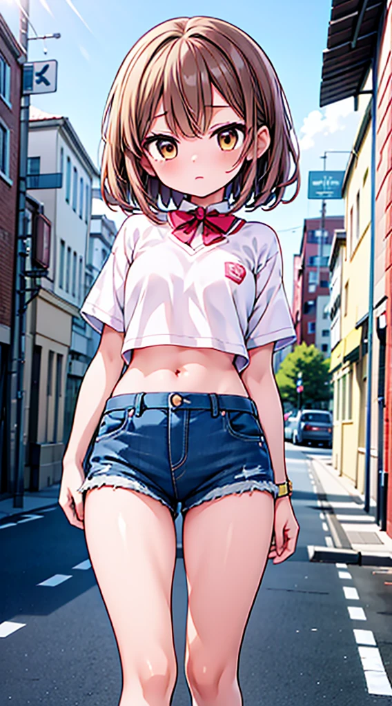 One woman,18-year-old,((highest quality)), masterpiece, Ultra-high resolution, 8k,Show anime style , One, Soft Line Art, Digital Enhancement, shojo anime touch, shojo manga core, Flowing fabric, close, Soft Drawing, (Ultra-Definition Digital Anime Art), Clear facial depiction, ((Super detailed girl cartoon character art)), (Ultra-detailed manga style), highest qualityの色, ((Short brown hair)), Beautiful brown hair, (Clear brown eyes), Slightly chubby,Small breasts,The butt is small, EnvyBetterHands LoCon, Standing position, Street Background,  Wearing denim shorts, Yellow strappy crop top, EnvyBetterHands LoCon