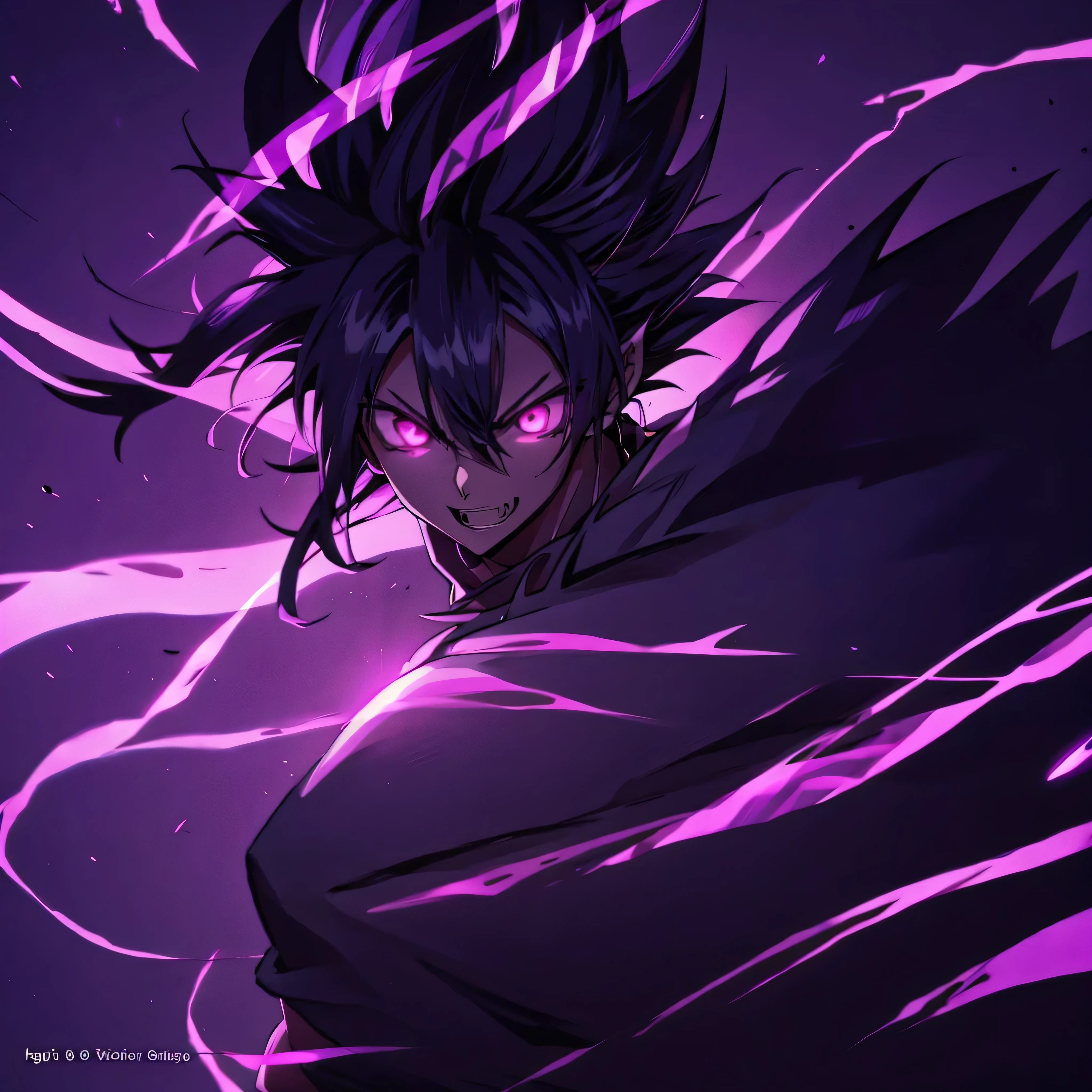 anime character with glowing eyes and a purple background, badass anime 8 k, epic anime style, anime epic artwork, glowing black aura, evil aura, wild spiky black saiyan hair, anime wallaper, dark aura, advanced anime digital art, 4 k manga wallpaper, advanced digital anime art ”, 4k anime wallpaper, hd anime wallaper, darkness aurA