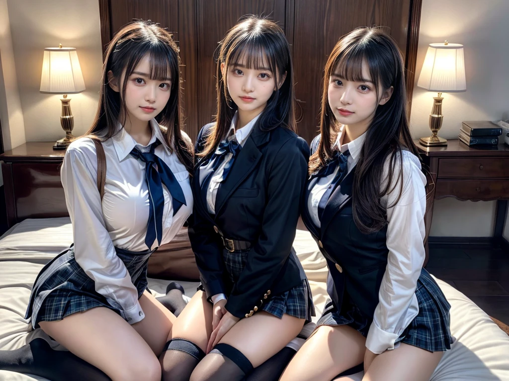 (8K, Raw photography, top-quality, masterpiece:1.2), master piece, best quality, illustration, Super detailed, fine details, High resolution, 8K,wall paper, perfect dynamic composition,(Details High quality, realistic depiction of eyes:1.3), ((2 girls, 2 schoolgirls)), The background is a luxury hotel room、High school girl uniform、blazer 、Super Short Check Uniform Skirt、Navy blue high socks、garterbelts、Colossal tits、Disturbed uniform, Play with each other,Touching each other's bodies,Touching the body of the girl next door, short bob hair, black hair color, huge breasts, Big Natural Color Lip, bold sexy pose, (perfect body shape), crying a little、cold gaze, Beautiful makeup,glitter makeup,Cutest 18 years old, beautiful legs, hposing Gravure Idol, Voluptuous thighs