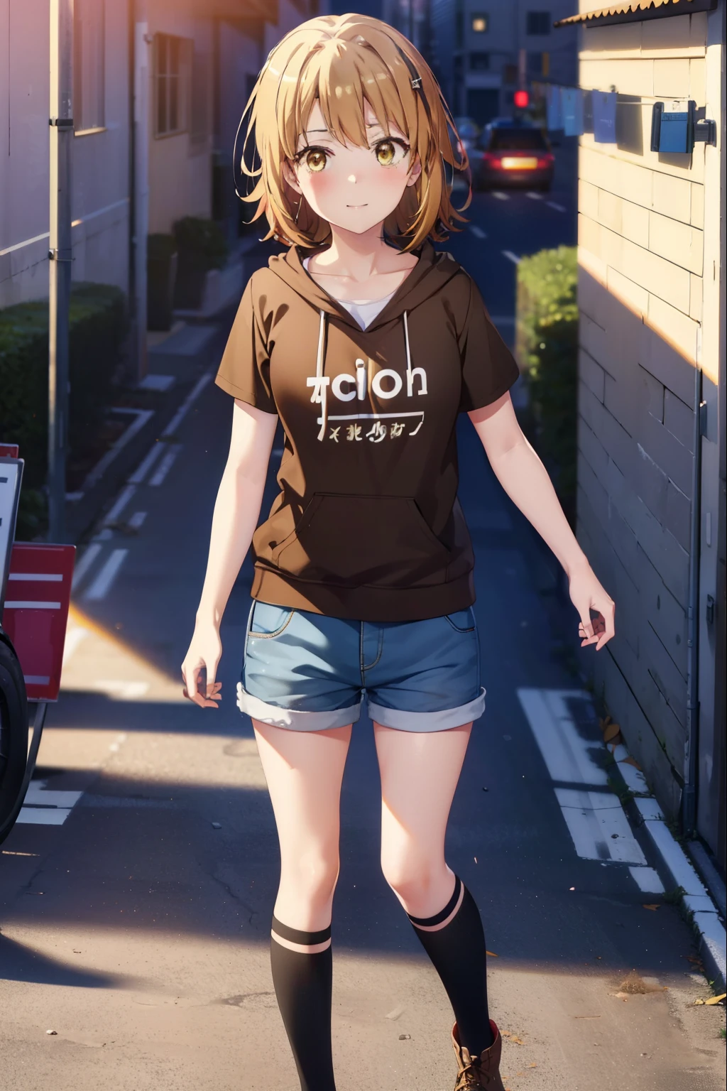 irohaisshiki, iroha isshiki, short hair, Brown Hair, (Brown eyes:1.5), happy smile, smile, Open your mouth,blush,Applejack Hat,Black hoodie,Short sleeve,The front is free,Shorts,black tights,short boots,Looking down from above,whole bodyがイラストに入るように,Daytime,sunny,
break looking at viewer,whole body,
break outdoors, city,construction area,
break (masterpiece:1.2), highest quality, High resolution, unity 8k wallpaper, (shape:0.8), (Beautiful and beautiful eyes:1.6), Highly detailed face, Perfect lighting, Extremely detailed CG, (Perfect hands, Perfect Anatomy),