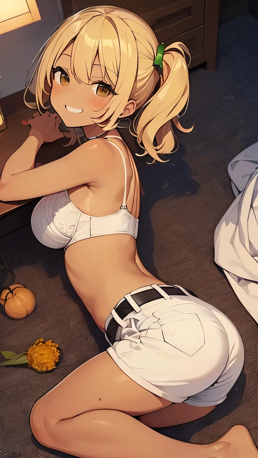 highest quality、 bra、Beige shorts、Cute appearance、Stretch your legs in the room、Armpit sweat、Grass、Ecstasy face,(Attractive person), (girl1), (Highly detailed face, smile) , (日本のgirl), Slightly round face, (Tan brown face:1.6), cute, Big eyes、2D,highest quality,(masterpiece),(((Whole body image))),(((Head to toe on screen:1.2))),(short wavy blonde hair:1.3),Healthy brown skin,((Hot Pants are green in color)),Leather Belt,Pink-halter top,Shining bare feet,barefoot,Beautiful brown eyes,Attractive thighs,Sloppy body type,Bedroom,get drunk,Upward glance,cheeks are bright red,あざとcute,天使のようなsmile,A big smile,Close your eyes and laugh,Erotic look,Large drops of sweat all over the body,humid,Waistline、My Room、(Sleeping on your stomach:1.1),(Angle shot from directly above:1.2),Poses that accentuate the buttocks,Angle to emphasize the buttocks,The soles of your feet are dirty,Red nails on legs