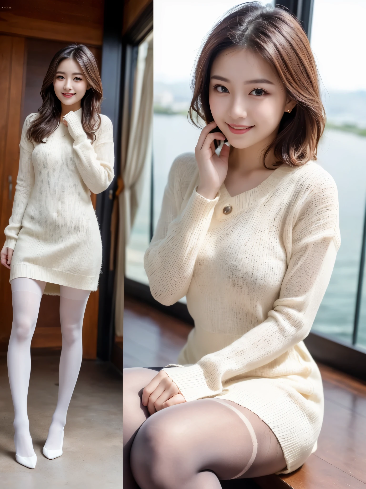 (((masterpiece))), (((highest quality: 1.4))), ((Super Detail: 1.4)) ,ulzzang-6500-v1.1, (Raw photo:1.2), (Photorealistic), (Mastepiece:1.3), (Genuine:1.4), ((Full Body Shot:1.2)), cute, (cute 1girl:1.35, 20-year-old), realism, (High resolution), ((Chiaroscuro, ray tracing lighting)), ((highest qualityのリアルな質感のスキン)),((highest qualityのリアルな質感の髪)), ((The most absurd quality: perfect body)), ((Small Head:1.3)), slim and muscular body, ((Perfect balance)), ((Anatomically correct)), ((Perfect Dynamic Posture, Super K-Pop Idols)), ((Highly detailed beautiful slim round face:1.3)), Light pale complexion, ((Highly detailed, clear and sharp perfect round realistic eyes:1.2)), Detailed pupils, Best detailed lips, ((Perfect Professional Delicate Everyday Makeup)), ((Wearing a loose, fluffy white knit dress:1.3)), ((Ultra-realistic pantyhose:1.3)), Skirt and thighs、A close-up of her face, (背景には建築のmasterpiece, Victorian bathroom features modern nautical accents:1.25), ((A radiant smile, Happy atmosphere)), ((Perfect subtle everyday makeup)),