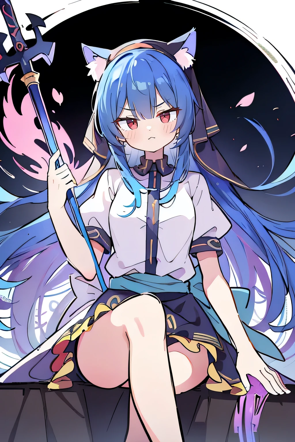 (masterpiece:1.2), extremely detailed, practical, expressive eyes, fair skin, perfect face shaping, 1 girl, japanese anime, gorgeous blue hair, the long flowing blue hair, floating clothes, cat ears, petals fall, beautiful lola, young angel, place your hands on your waist, sit elegantly on the ground, cross your legs, gentle and peaceful background, stately church, nun, detailed anime girl holding a sword in a fire scene, epic anime artwork, 4k anime wallpaper, 4k anime art wallpaper, 4k anime art desktop, 4k anime wallpaper, 8k anime art wallpaper, 4k anime wallpaper, 8k evil anime, anime wallpaper, anime wallpapers, hd anime wallpaper, 4k anime style