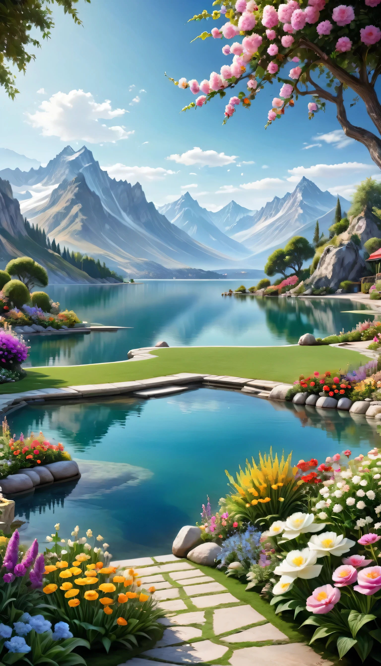 Beautiful Garden, realism, lake, Mountains, Flowers,romantic,Amazing beauty,32k