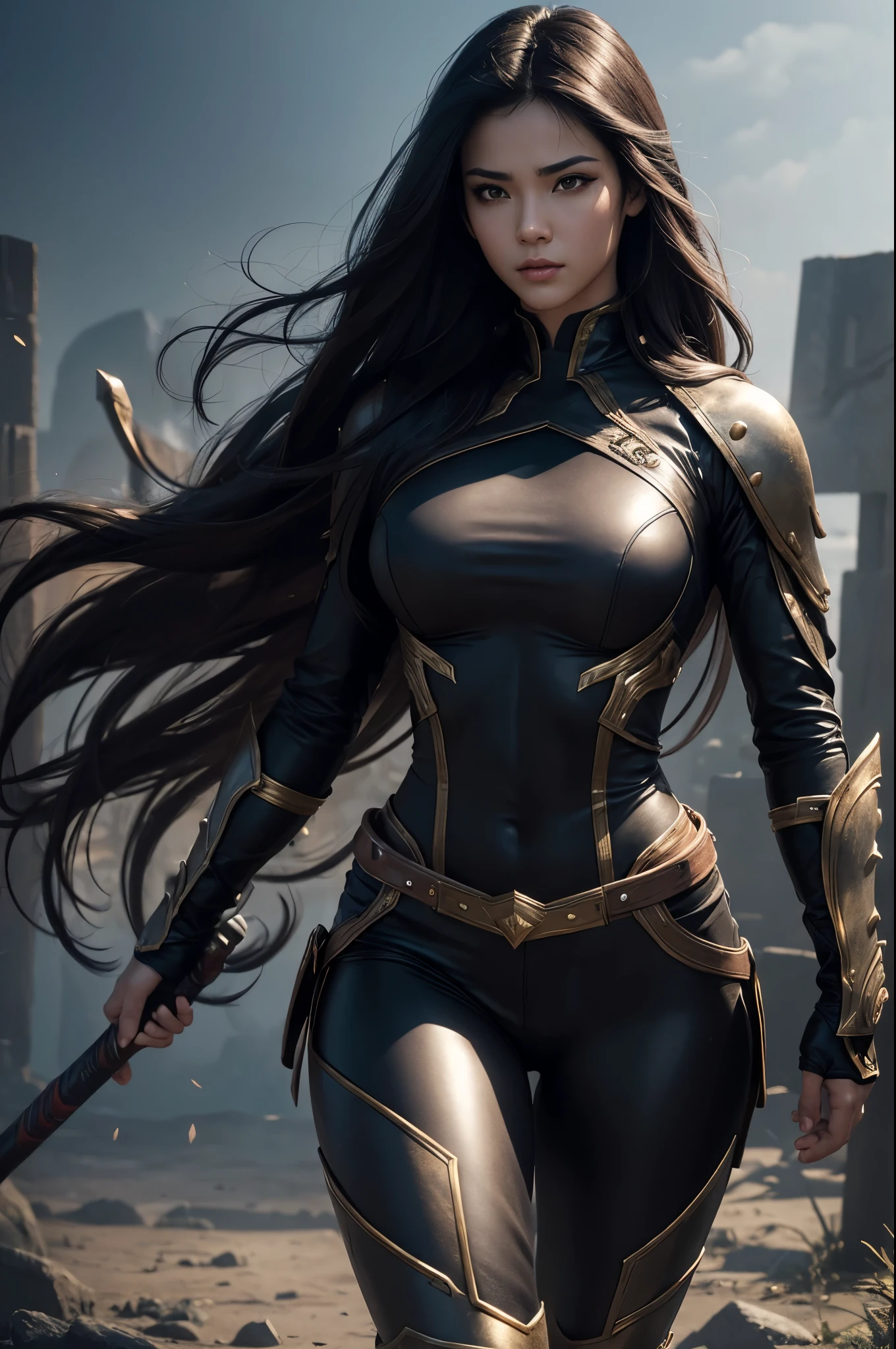8K,Dark-haired ethnic female demon slayer,Super Beauty(Like the real thing),Sexy Demon Slayer Costume,Toned, muscular body,Holds a long and large spear,Perfect Anatomy,charm,Volume measurement,Body balance,Digital single-lens reflex camera, Soft lighting, Detailed Background, Written boundary depth, Volumetric lighting, Sharp focus, Absurd, Realistic proportions, Excellent anatomy, (Realistic, 超Realistic:1.4), 16K HDR, dawn,A High Resolution,super Realistic 肌,Super beautiful expression,Fantasy art,Character Art,Wind effects:1.9、Cloud Effect:1.2、Full Rendering、Professional quality high resolution、Perfect contrast、Perfect lighting、Perfect composition、Perfect Skin、Perfect Fingers、Perfect breasts、Perfect Hair、Perfect Face、Realistic facial features,super highest quality,Slim figure,Perfect body line,Perfect hand shape,Anatomical body balance,Highly detailed face,Highly detailed eyes,Beautiful Lips,Excellent light particles,Cinema Lighting,Makeup,Ultra-high resolution,Ultra-Realistic Skin,Muscle Body,Hard and strong abs,Combat trousers,Combat costume for,Angry expression,Combat Ready,Overflowing with power,Black leather coat,