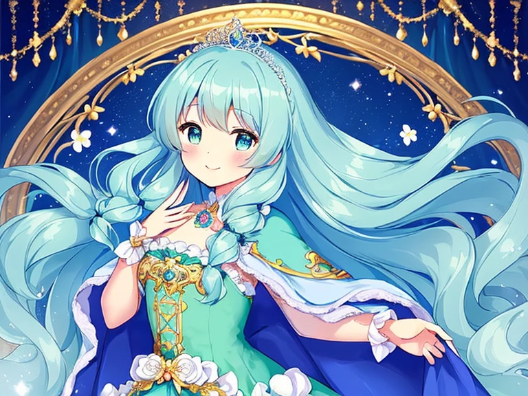 (kawaii),(best quality),(ultra detailed), upper body,(rococo style),(long train mint blue cape:1.05), very long cape,(long train mint blue ball gown with flower decorations:1.05), a girl is wearing a cape over her gown, 1 princess, tiara, smile, small breasts, very long hair