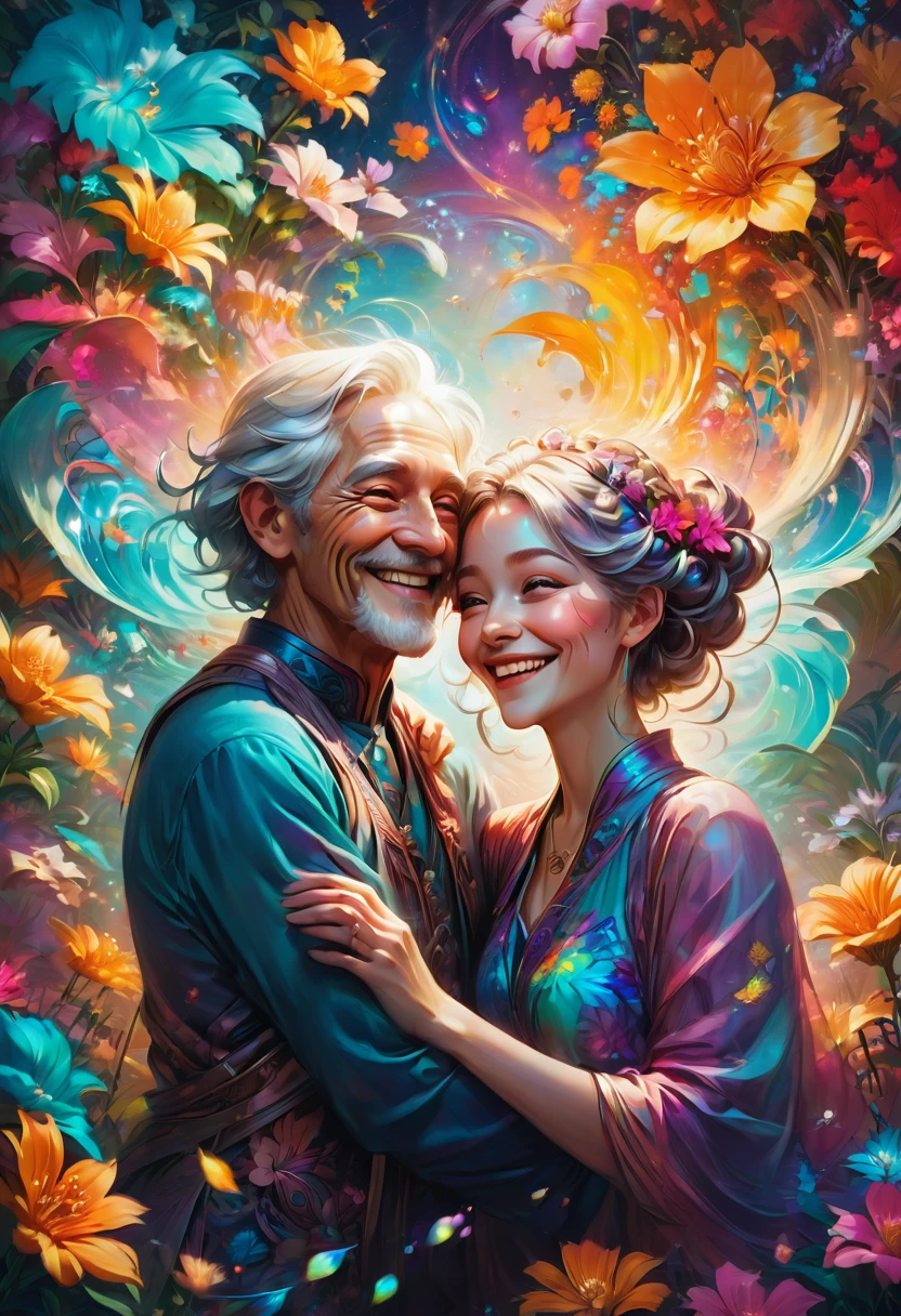 Couple Photo, aesthetic, Joyful adorable smiling elderly people laughing and hugging spreading joy: vibrant colors: surrounded by flowers: intricate details, head and shoulders portrait, 8k resolution concept art portrait by Greg Rutkowski, Artgerm, WLOP, Alphonse Mucha dynamic lighting hyperdetailed intricately detailed Splash art trending on Artstation triadic colors Unreal Engine 5 volumetric lighting