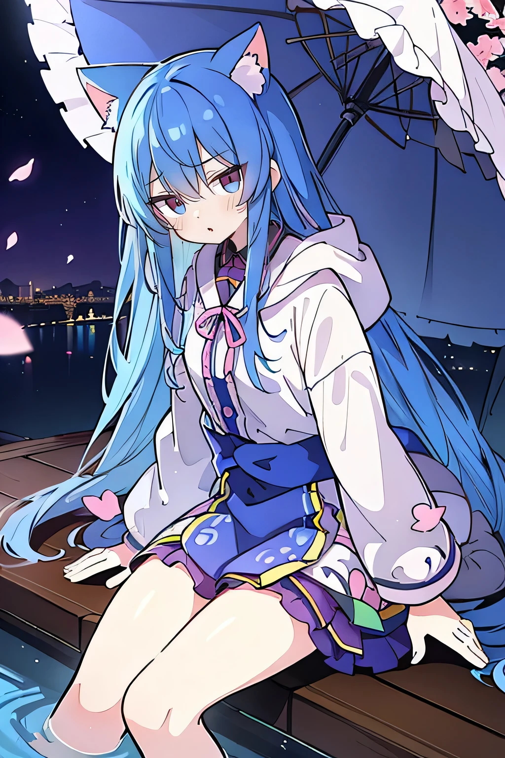 (masterpiece:1.2),Super detailed,lifelike,Expressive eyes,fair skin,perfect face shape,1 girl,
Japanese comics,Gorgeous blue hair,flowing blue hair,flowing clothes,Cat ears,Petals fall,beautiful lola,Baby Angel,
Cross your legs,Gentle and peaceful background,The pavilion is cool and comfortable, wearing hoodie, background of tokyo,back views,snowing, winter.