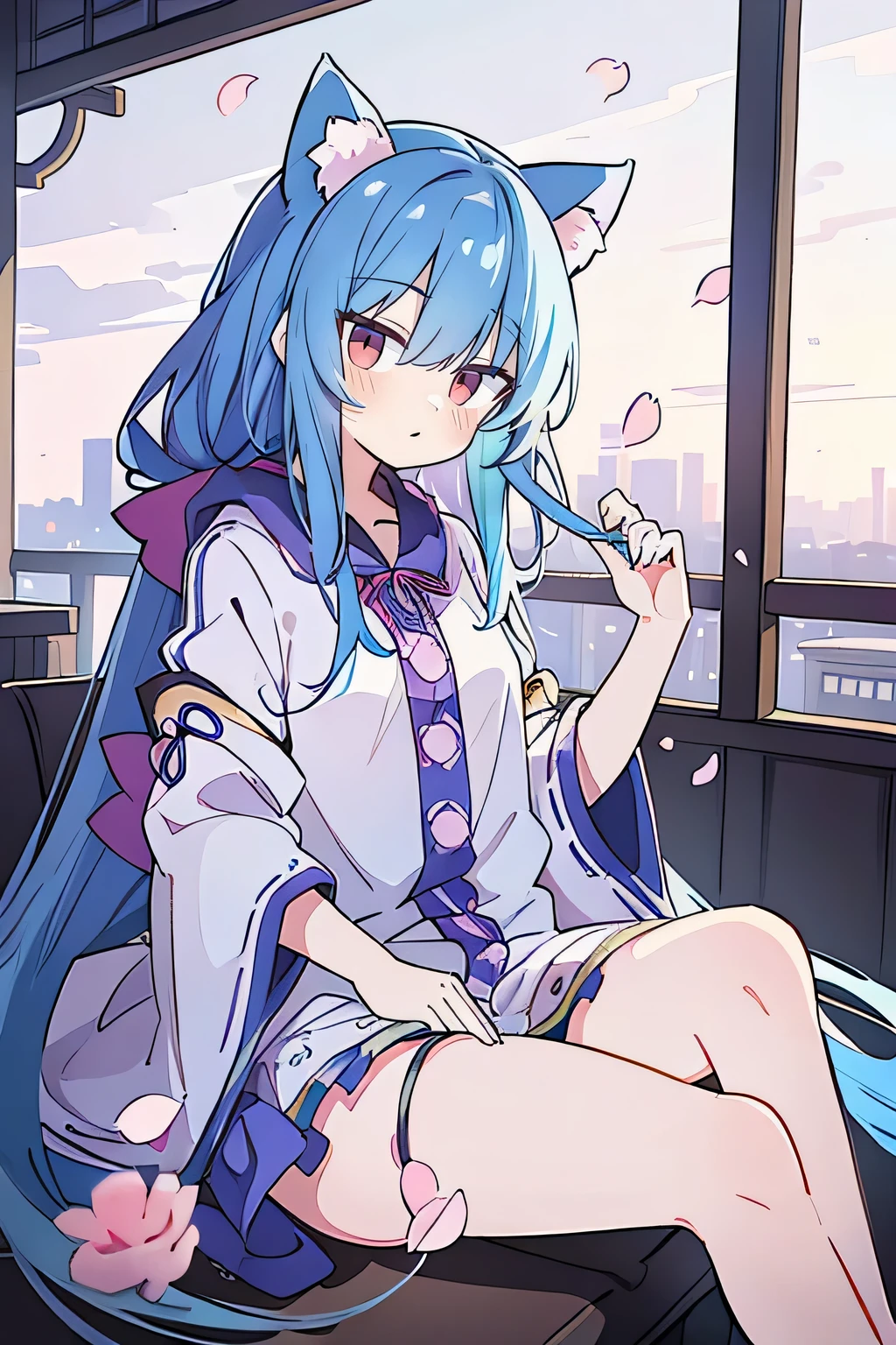 A girl in a Japanese anime style, with beautiful detailed eyes, delicate facial features, fair skin, and long flowing blue hair. She has cat ears and is wearing a hoodie, with flowing clothes and a gentle, peaceful expression on her face. She is sitting with crossed legs, surrounded by falling petals, in a cool and comfortable pavilion setting with a view of Tokyo in the background. The scene has a masterpiece-level of detail and quality, with vivid colors, realistic lighting, and a dreamlike, ethereal quality.
(A girl in a Japanese anime style, beautiful detailed eyes, delicate facial features, fair skin, long flowing blue hair, cat ears, hoodie, flowing clothes, gentle peaceful expression, crossed legs, falling petals, cool comfortable pavilion, Tokyo background, masterpiece quality, vivid colors, realistic lighting, dreamlike ethereal)