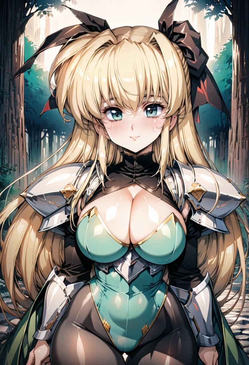 ((highest quality)), ((masterpiece)), ((super detailed)), (ultra detailed background), solo, girl, ((thicc: 1.2)), kawaii, light smile, langrisser, paladin armored dress, ((green high-leg cut leotard: 1.3)), ((black see-through　pantyhose: 1.2)), (black see-through zentai: 1.2), ((huge breasts)), (cleavage), (thigh gap), (knee-high boots), carved pattern shoulder armor, beautiful aqua eyes, droopy eyes, blonde hair ribbon long straight hair, cobblestone in the forest, cowboy shot,