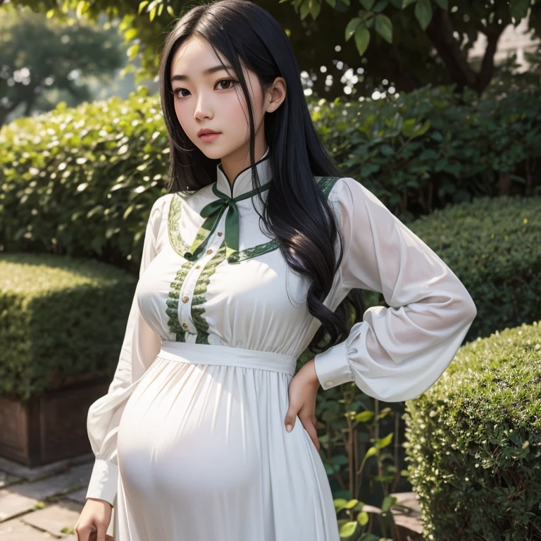 A very young pregnant Chinese girl with long black hair, green eyes, and light skin wearing a long historic Edwardian light green dress with long sleeves and a white blouse in the garden of an English Manor
