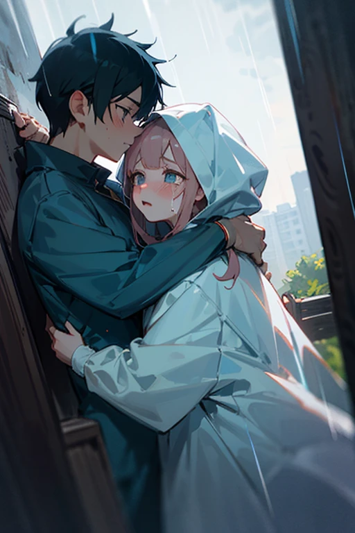 Young boy and girl, wearing raincoats (long sleeves), wearing , hugging in a thunderstorm, the girl is clingy, scared and buries her face onto his chest and cried