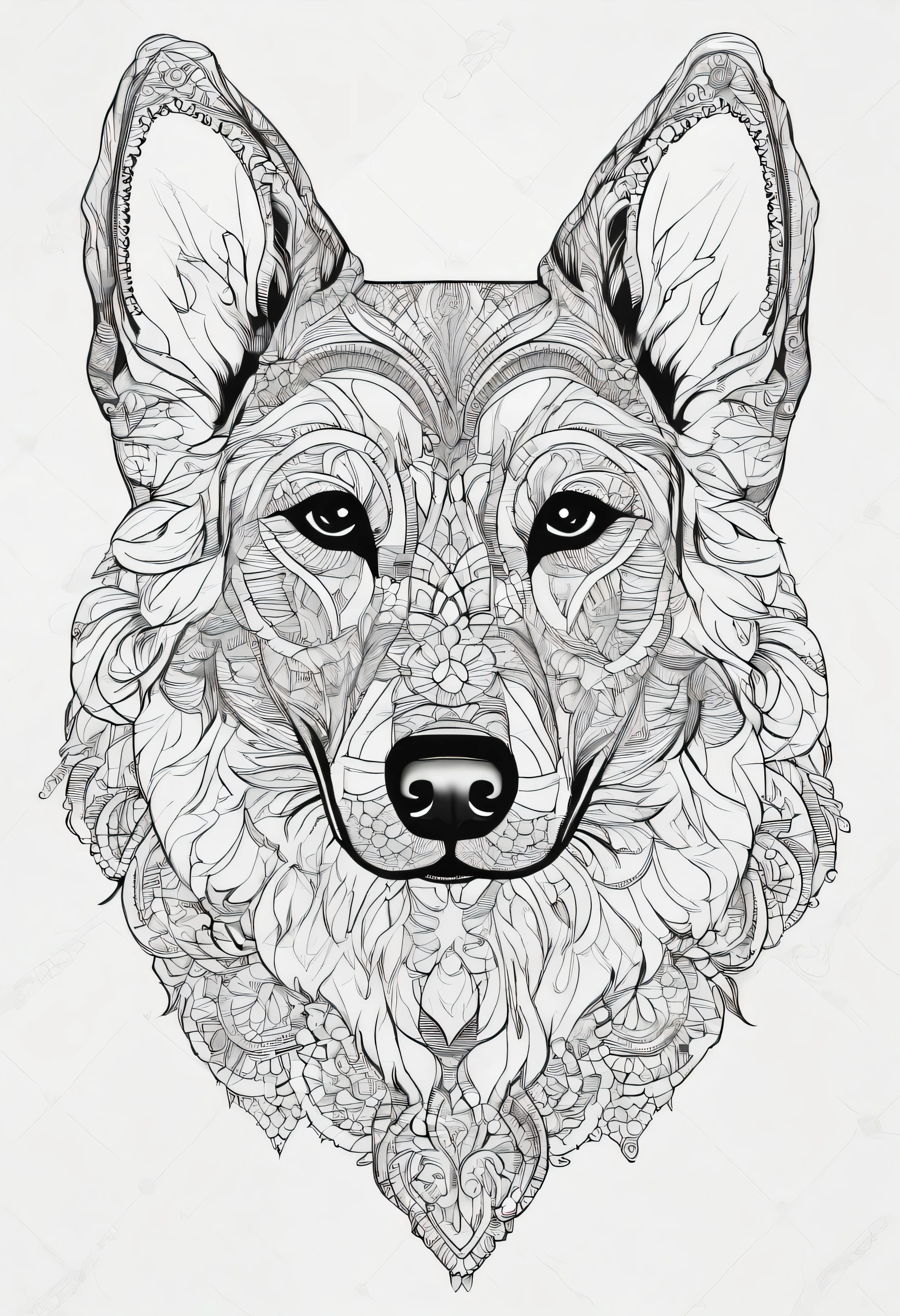 A German shepherd dog with mandala art, white background, no shadow, no colour, coloring book, outline image, line art image, clear image