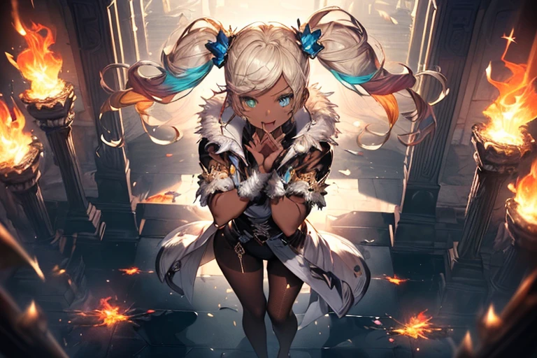 fighting stance,High resolution,Sharp focus,(Super detailed,Very detailed),(Very detailed CG unity 8k wallpaper),(((Vibrant colors))),
gran blue fantasy,Iooiklas,Platinum Blonde Hair,Twin tails, hair ornaments, 
Complex eyes,Beautiful fine details,Symmetrical eyes,Big eyes:1.5,Seductive eyes, (((dark skin,dark_skin,lustrous skin:1.5,bright skin: 1.5,
skin tanned, shiny skin,very shiny skin,Shiny body,plastic glitter 
skin,exaggerated shiny skin,illuminated skin))),
(,Detailed body,(Detailed face)), cute,Lewd,erotic,Bold,Camel Toe,
Revealing clothing,show skin,
(((Sexy aqua fur coat, Aqua fur coat outfit,
 wearing a Ice Dress:1.3,aqua 冬 coat))), ((Ice Dress,elegant Ice Dress)),
(White gloves,White clothes,(((Complex outfit,Complicated clothes,Embroidered costume,Glamorous costumes,Embroidered clothes,
(((Glamorous clothing))),White Dress, skinsuit, Bodysuits, pantyhose,Black knee socks, Removable sleeves,

(Flying debris, 超High resolution),Wear an iridescent aura,
Invisible Light, Amazing shine, Neon orange glow, The colors of another world,Bright colors, Ghostly Effects,Arrogant look, Aggressive smile,Sparks fly,Holds an intricately decorated golden walking stick,Western-style castle,indoor,Throne Room,Stone pillars,A huge, richly decorated throne,Look to the side,Open your mouth,Flames swirl,Stylish pose,legs apart, standing, face focus, from above